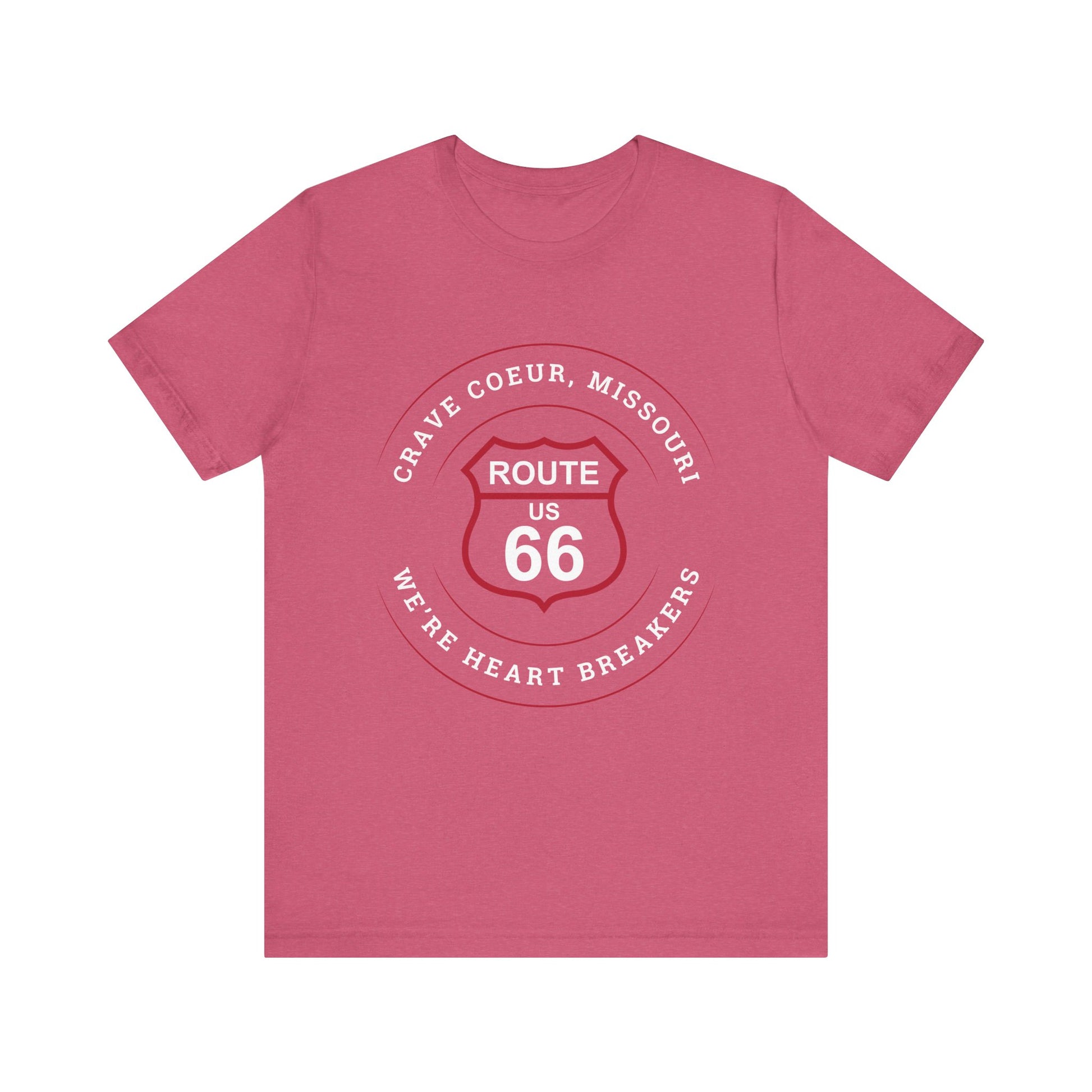 Heather raspberry retro Route 66 unisex jersey tee with Creve Coeur, MO: "We're Heart Breakers" design
