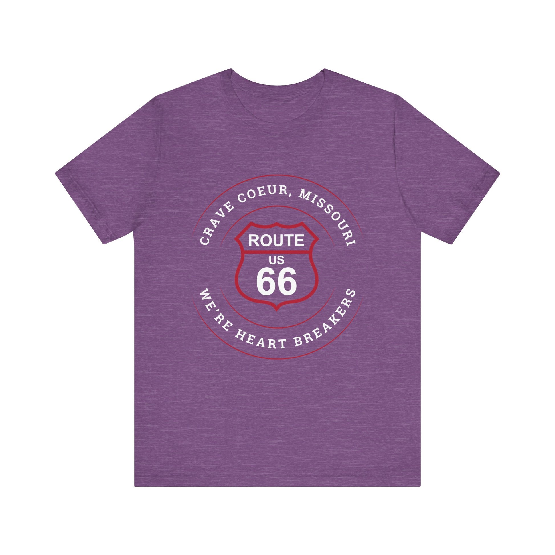Heather team purple retro Route 66 unisex jersey tee with Creve Coeur, MO: "We're Heart Breakers" design