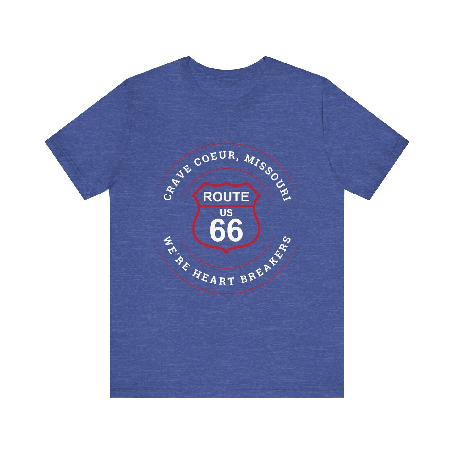 Heather true royal retro Route 66 unisex jersey tee with Creve Coeur, MO: "We're Heart Breakers" design