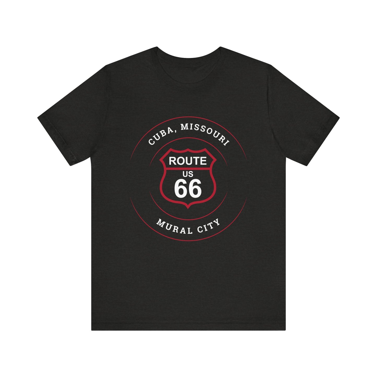 Black heather retro Route 66 unisex jersey tee with Cuba, MO: "Mural City" design