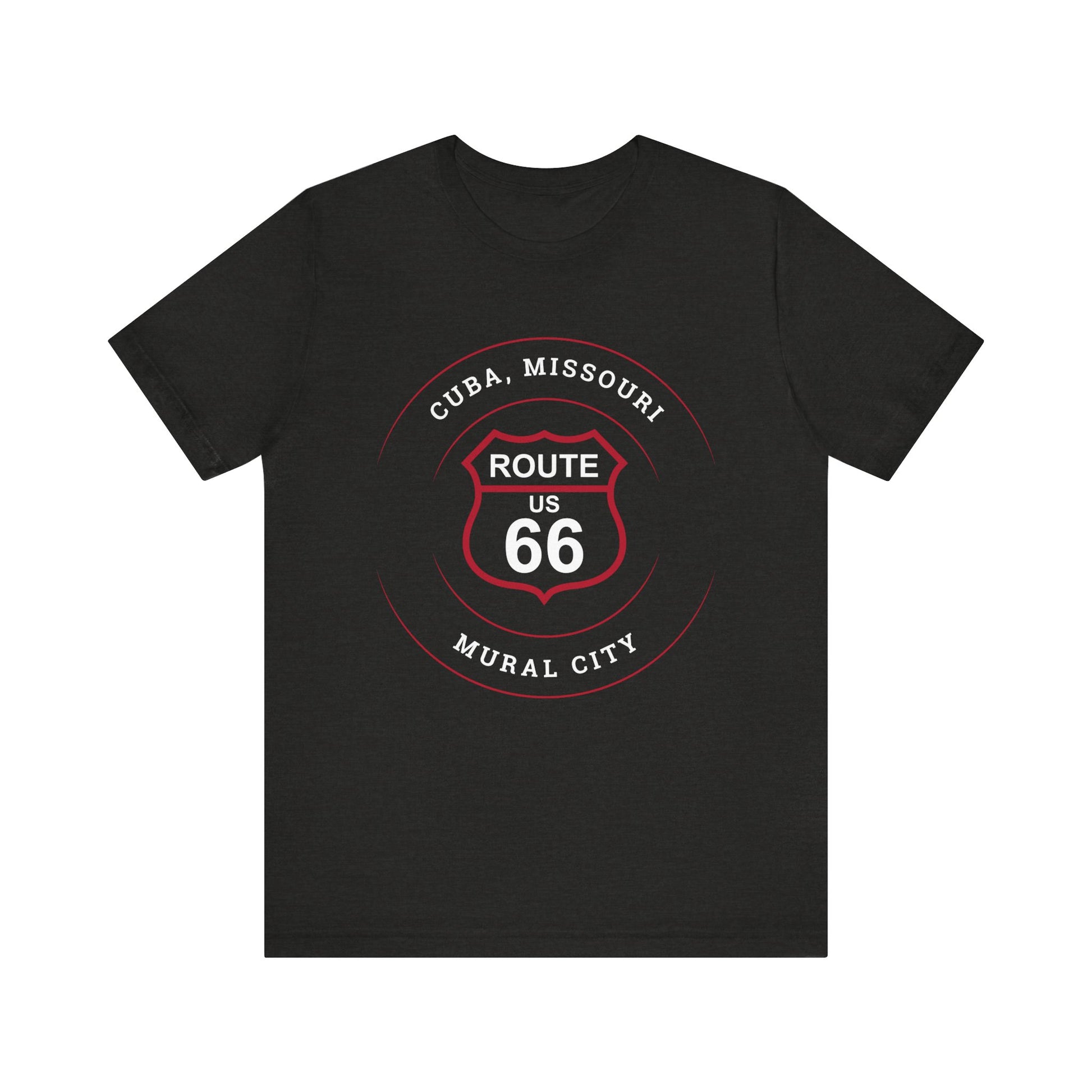 Black heather retro Route 66 unisex jersey tee with Cuba, MO: "Mural City" design