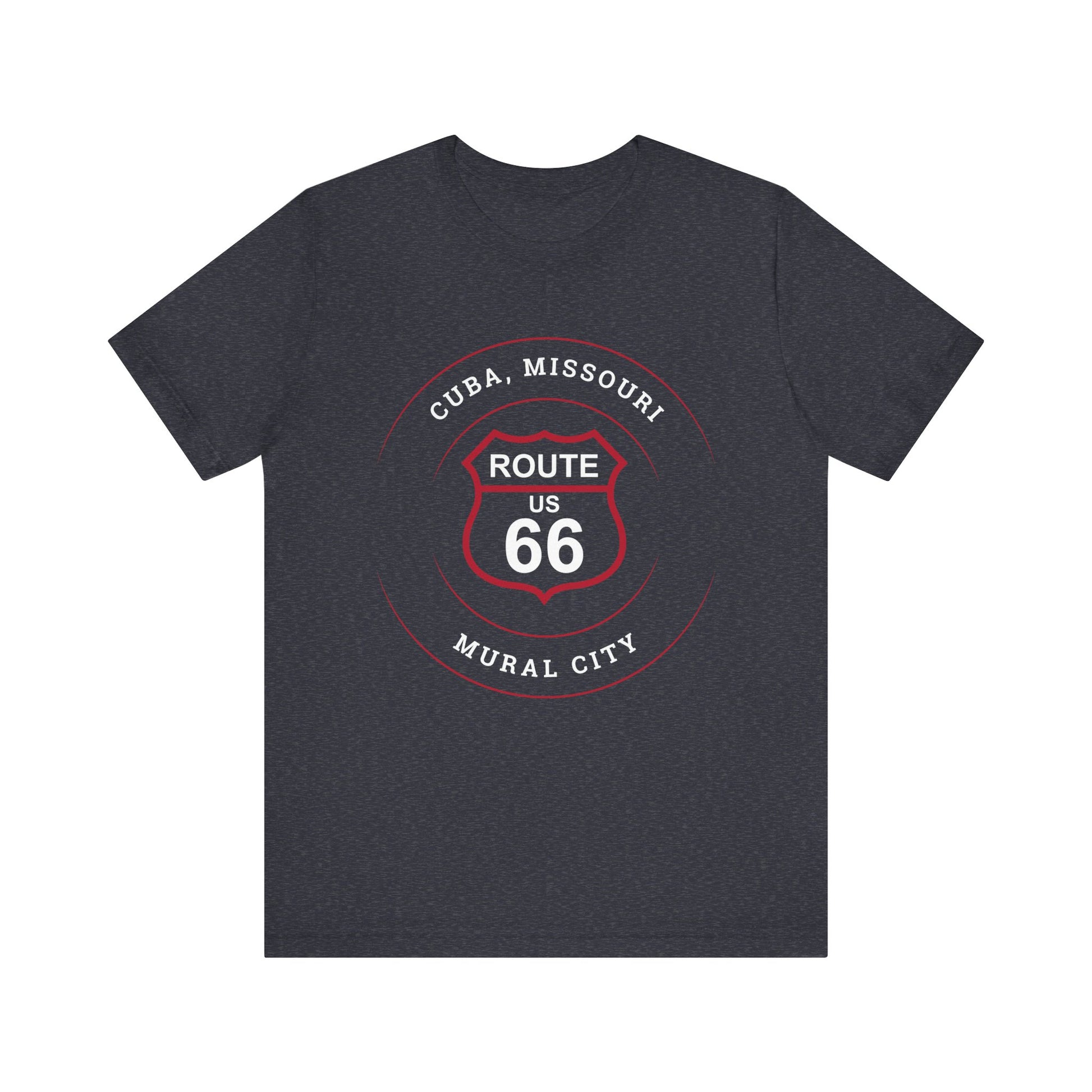 Heather navy retro Route 66 unisex jersey tee with Cuba, MO: "Mural City" design