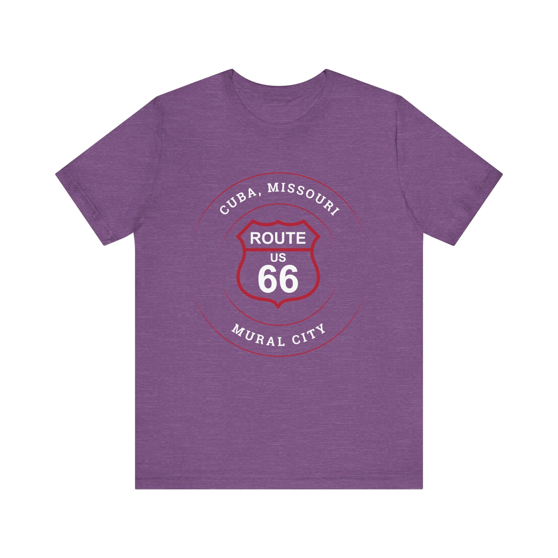 Heather team purple retro Route 66 unisex jersey tee with Cuba, MO: "Mural City" design