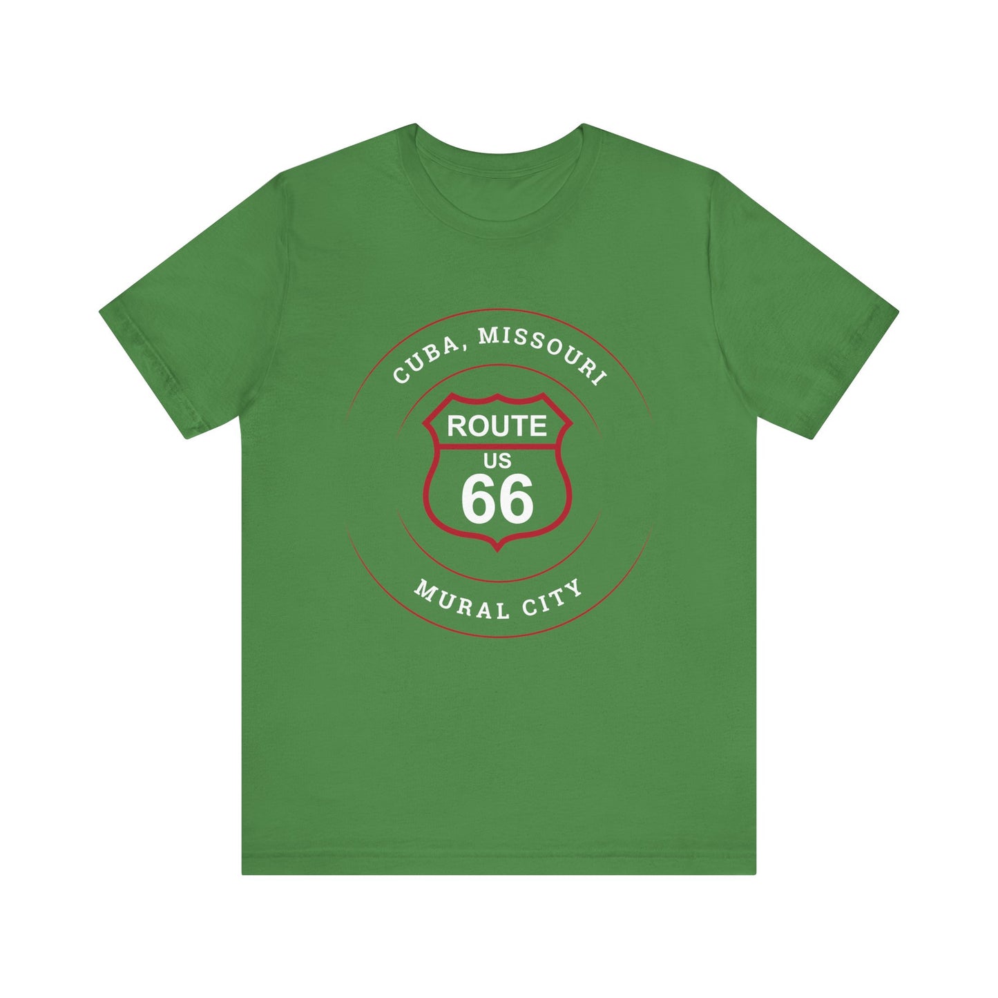 Leaf retro Route 66 unisex jersey tee with Cuba, MO: "Mural City" design