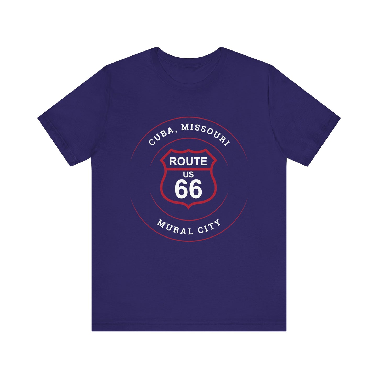 Team navy retro Route 66 unisex jersey tee with Cuba, MO: "Mural City" design