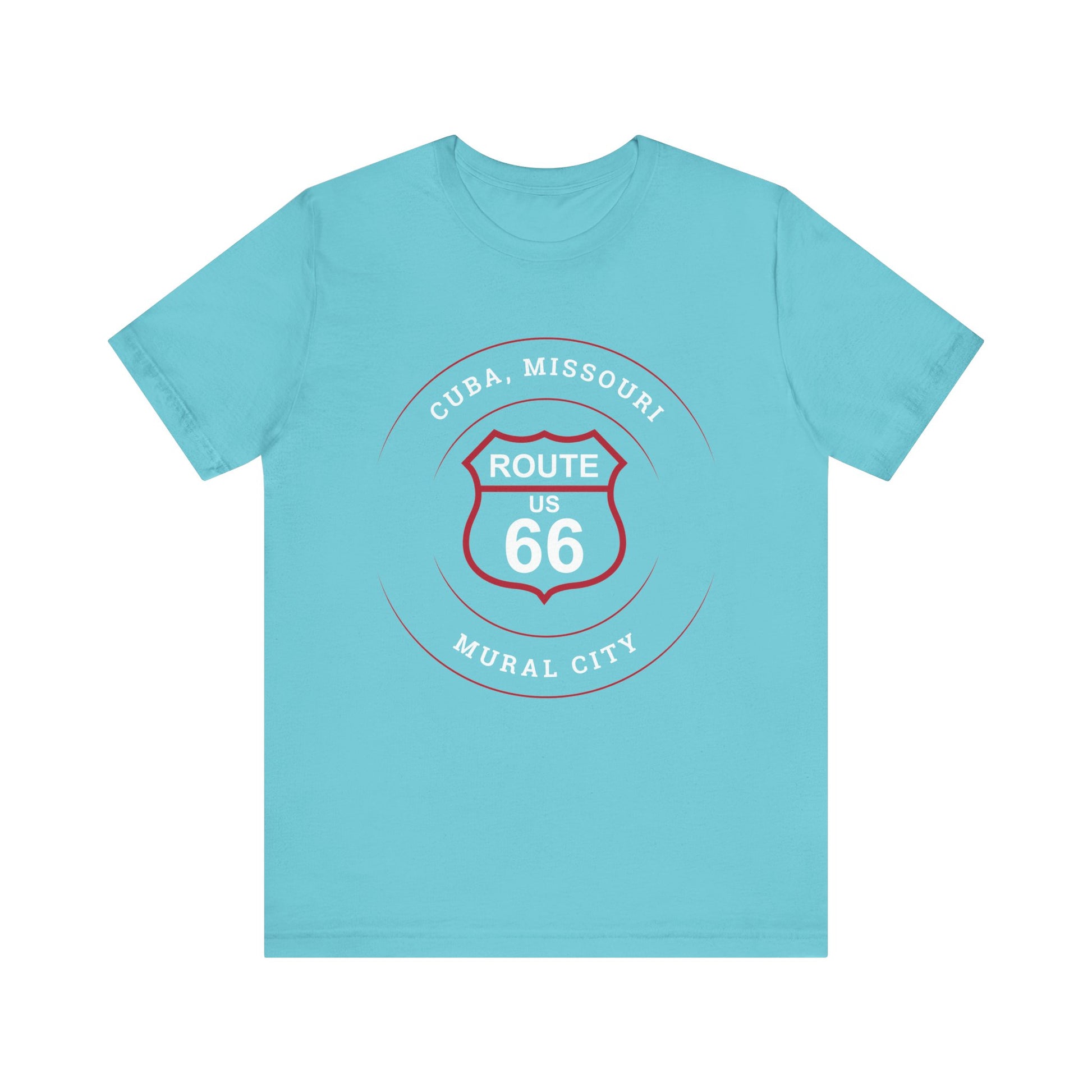 Turquoise retro Route 66 unisex jersey tee with Cuba, MO: "Mural City" design
