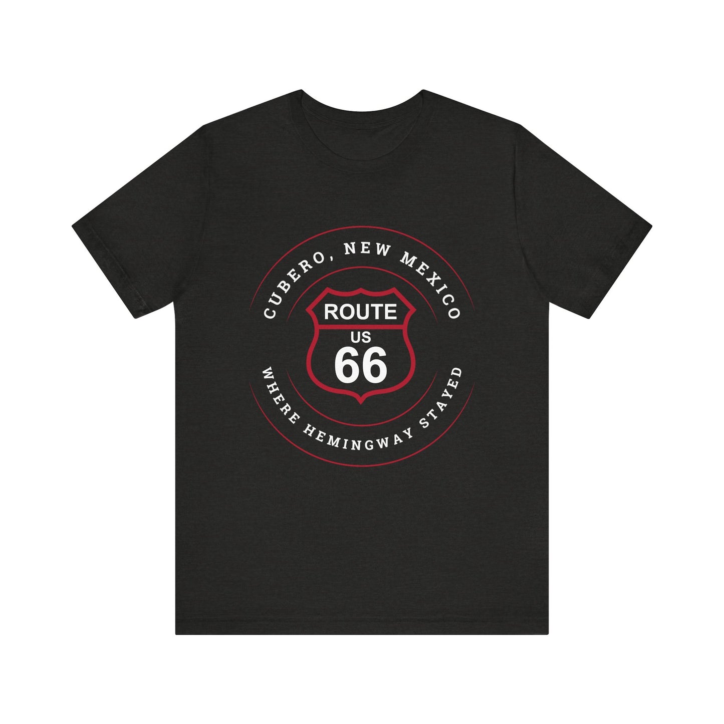 Black heather retro Route 66 unisex jersey tee with Cubero, NM: Where Hemingway Stayed graphic