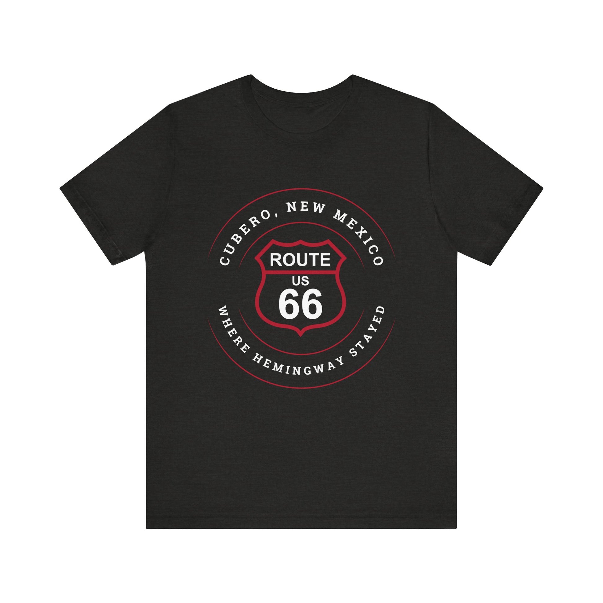 Black heather retro Route 66 unisex jersey tee with Cubero, NM: Where Hemingway Stayed graphic