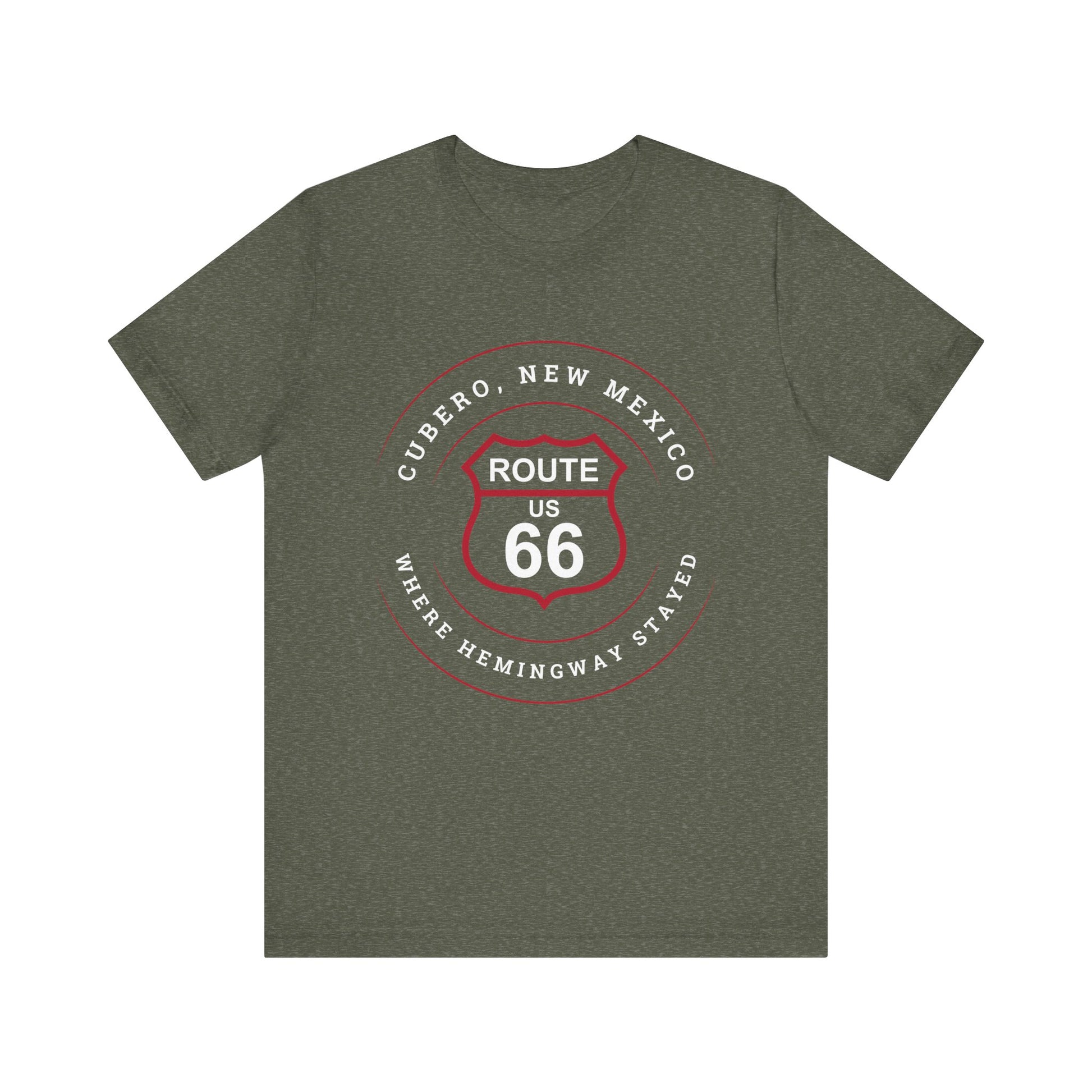 Heather military green retro Route 66 unisex jersey tee with Cubero, NM: Where Hemingway Stayed graphic