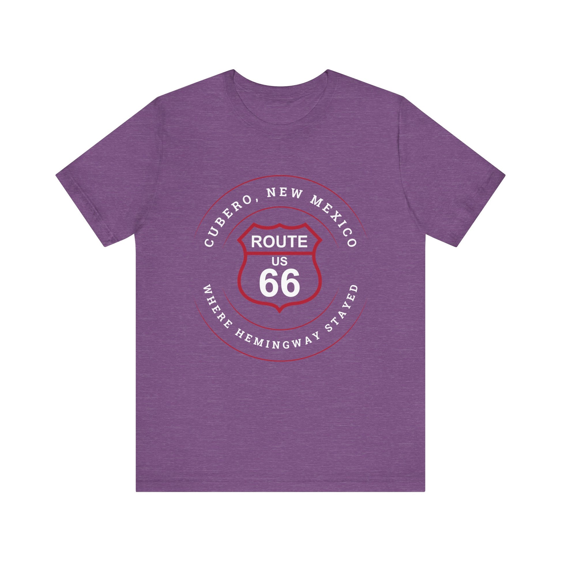 Heather team purple retro Route 66 unisex jersey tee with Cubero, NM: Where Hemingway Stayed graphic