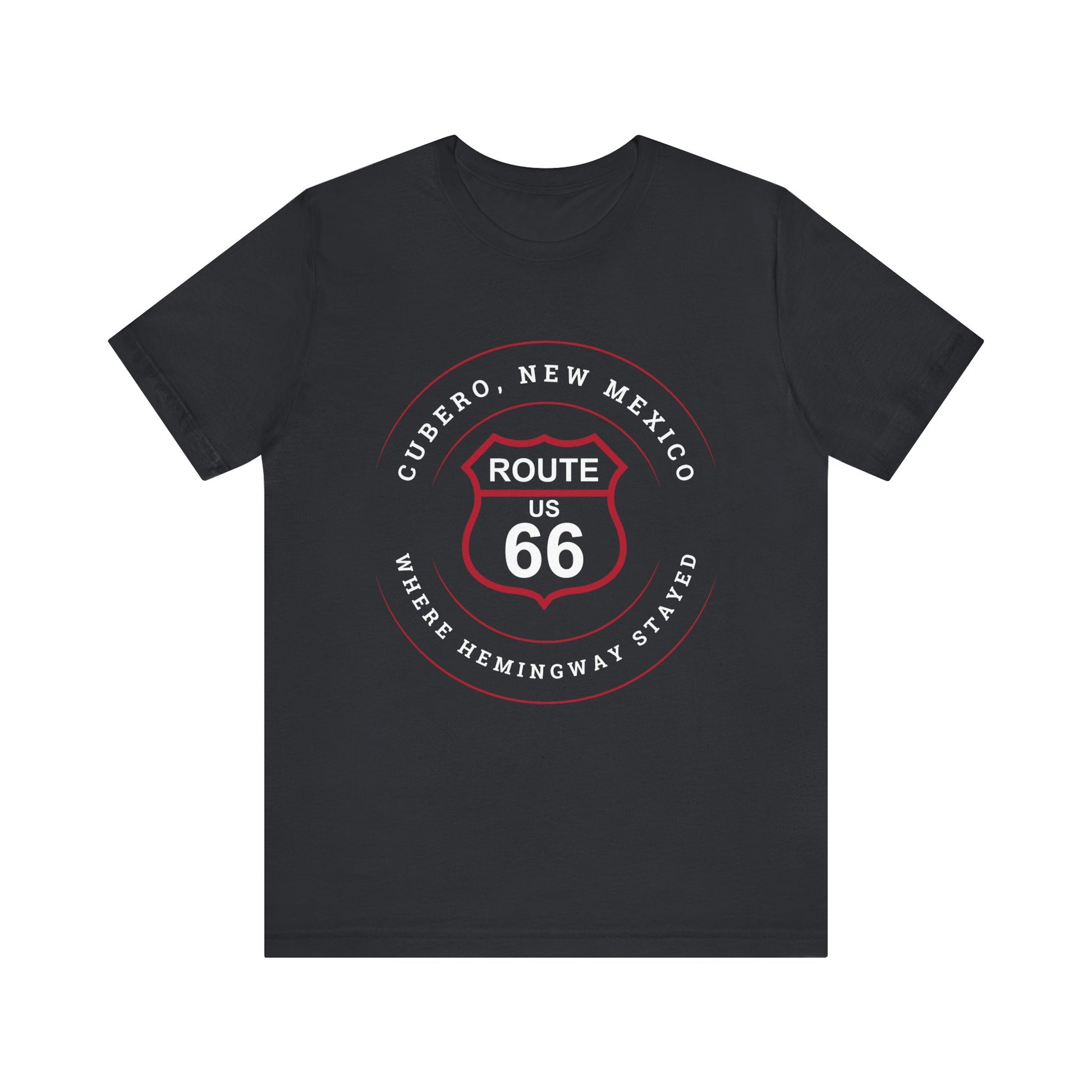 Vintage black retro Route 66 unisex jersey tee with Cubero, NM: Where Hemingway Stayed graphic