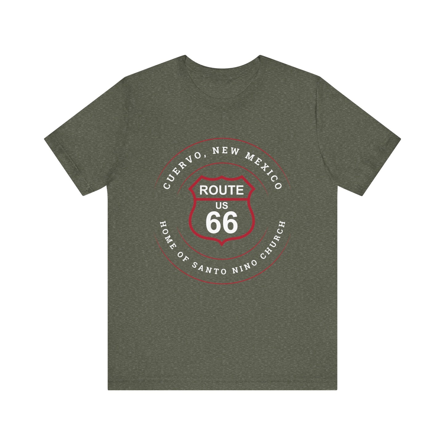 Heather military green retro Route 66 unisex jersey tee with Cuervo, NM: Home of Santo Niño Church