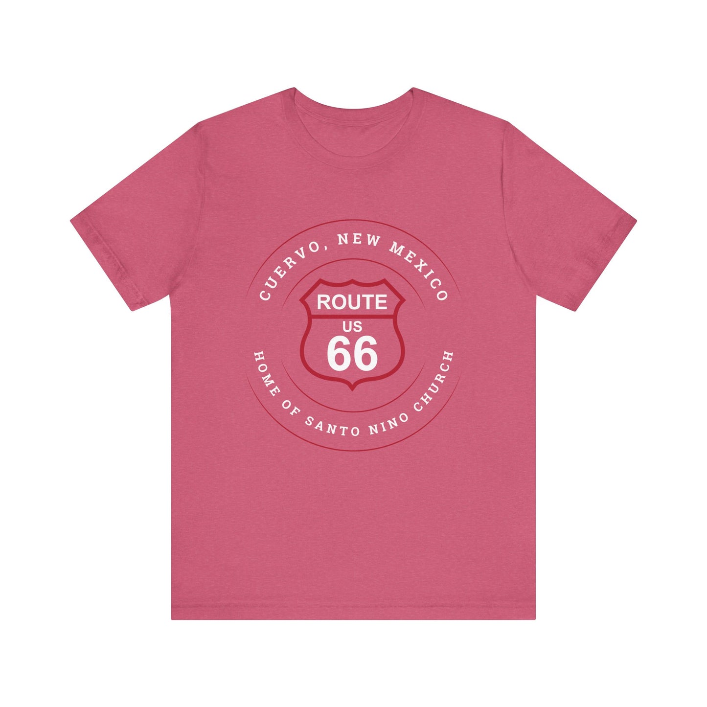 Heather raspberry retro Route 66 unisex jersey tee with Cuervo, NM: Home of Santo Niño Church