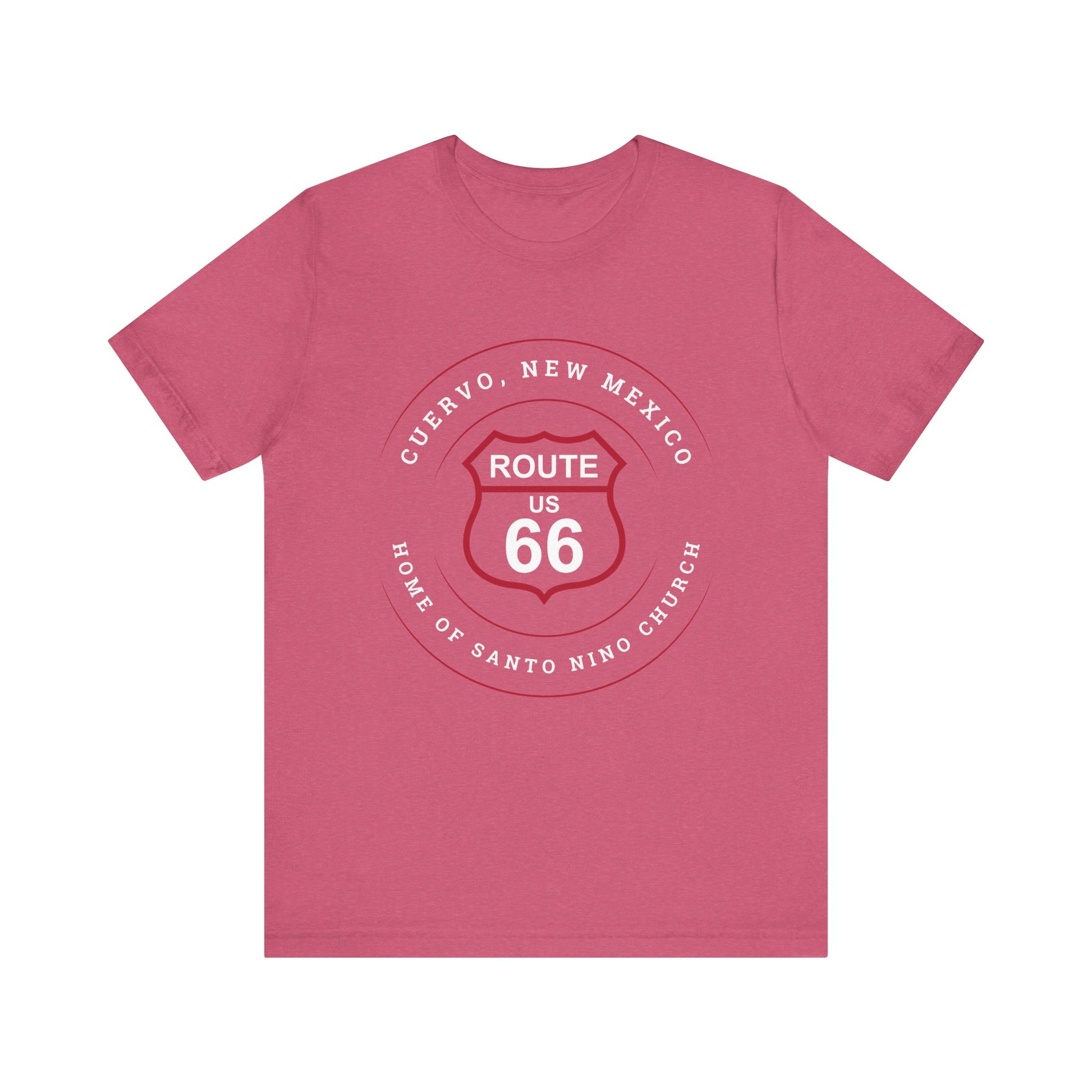 Heather raspberry retro Route 66 unisex jersey tee with Cuervo, NM: Home of Santo Niño Church