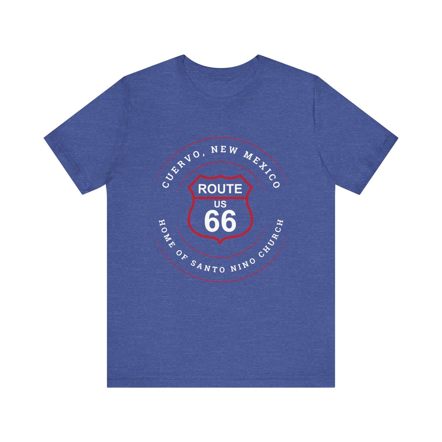 Heather true royal retro Route 66 unisex jersey tee with Cuervo, NM: Home of Santo Niño Church