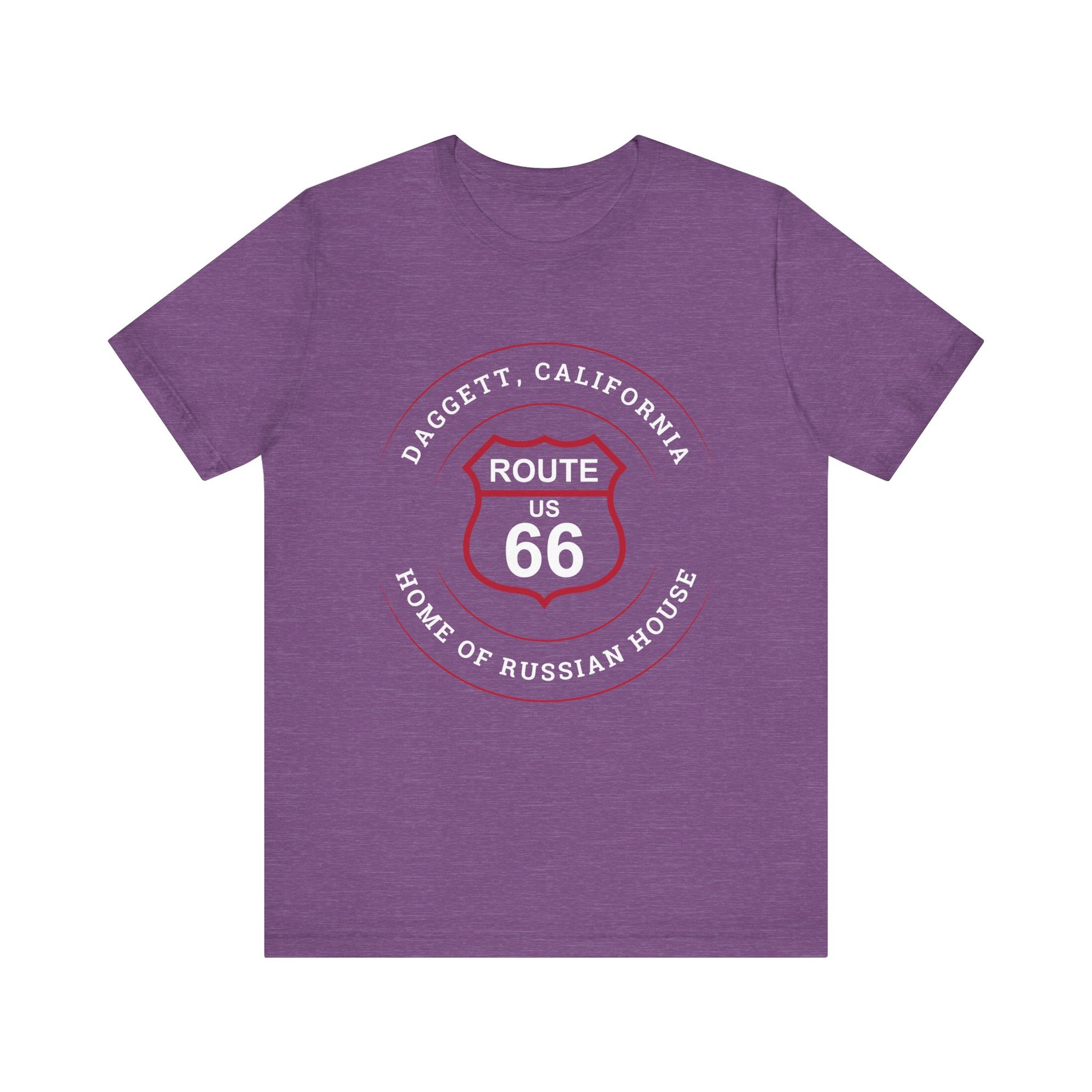 Heather team purple retro Route 66 unisex jersey tee with Daggett, CA: "Home of Russian House" design