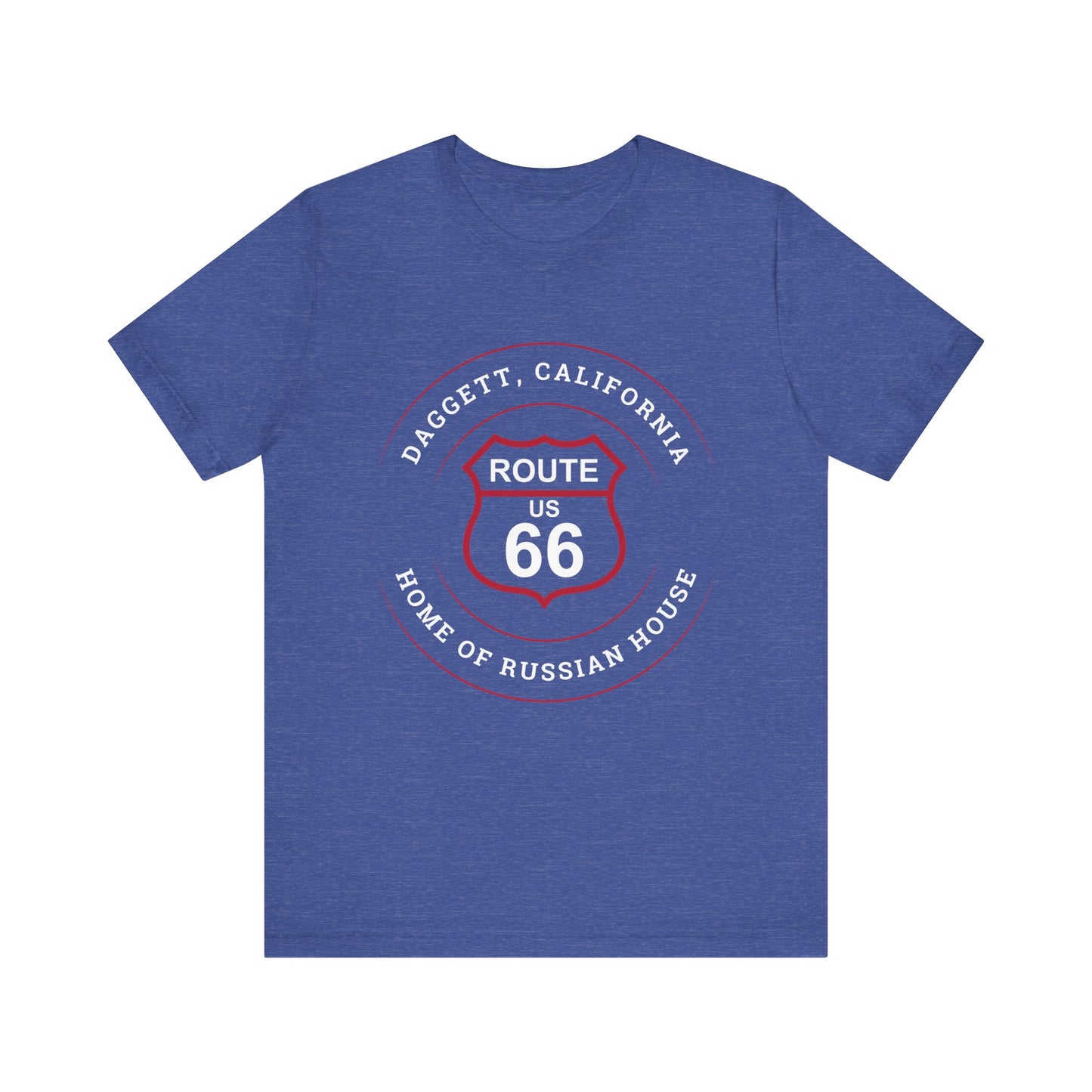 Heather true royal retro Route 66 unisex jersey tee with Daggett, CA: "Home of Russian House" design