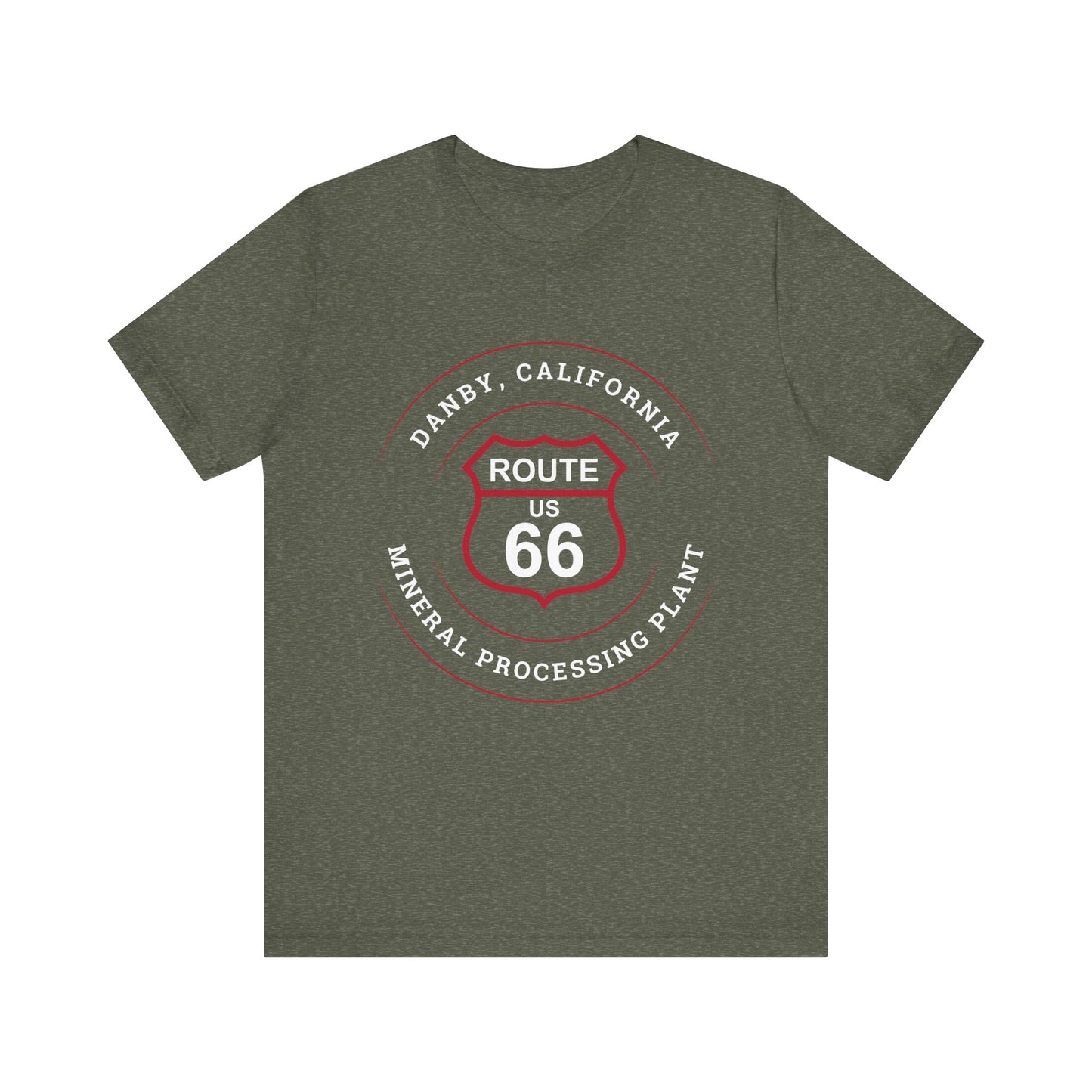 Heather military green retro Route 66 unisex jersey tee with Danby, CA: "Mineral Processing Plant" design