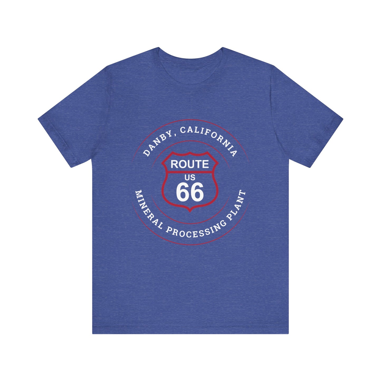 Heather true royal retro Route 66 unisex jersey tee with Danby, CA: "Mineral Processing Plant" design