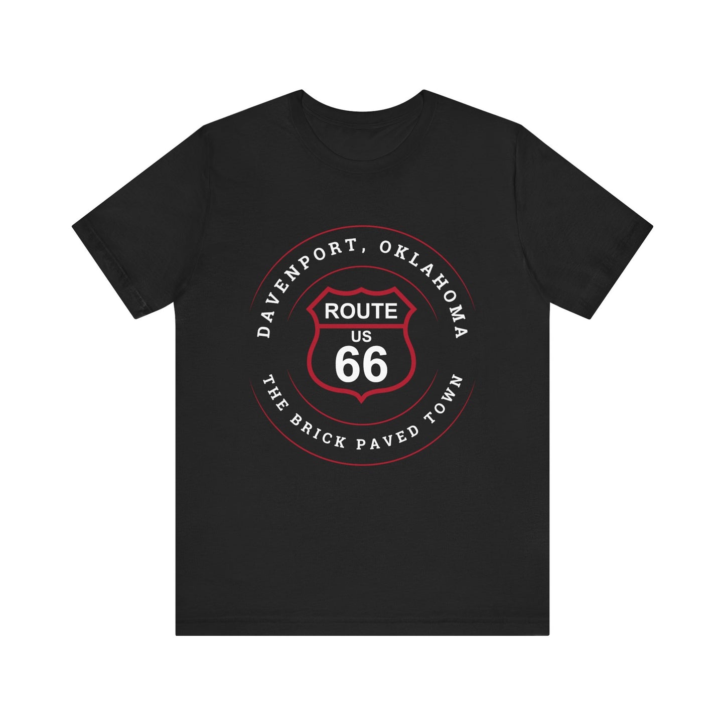 Black retro Route 66 unisex jersey tee with Davenport, OK "The Brick-Paved Town" design