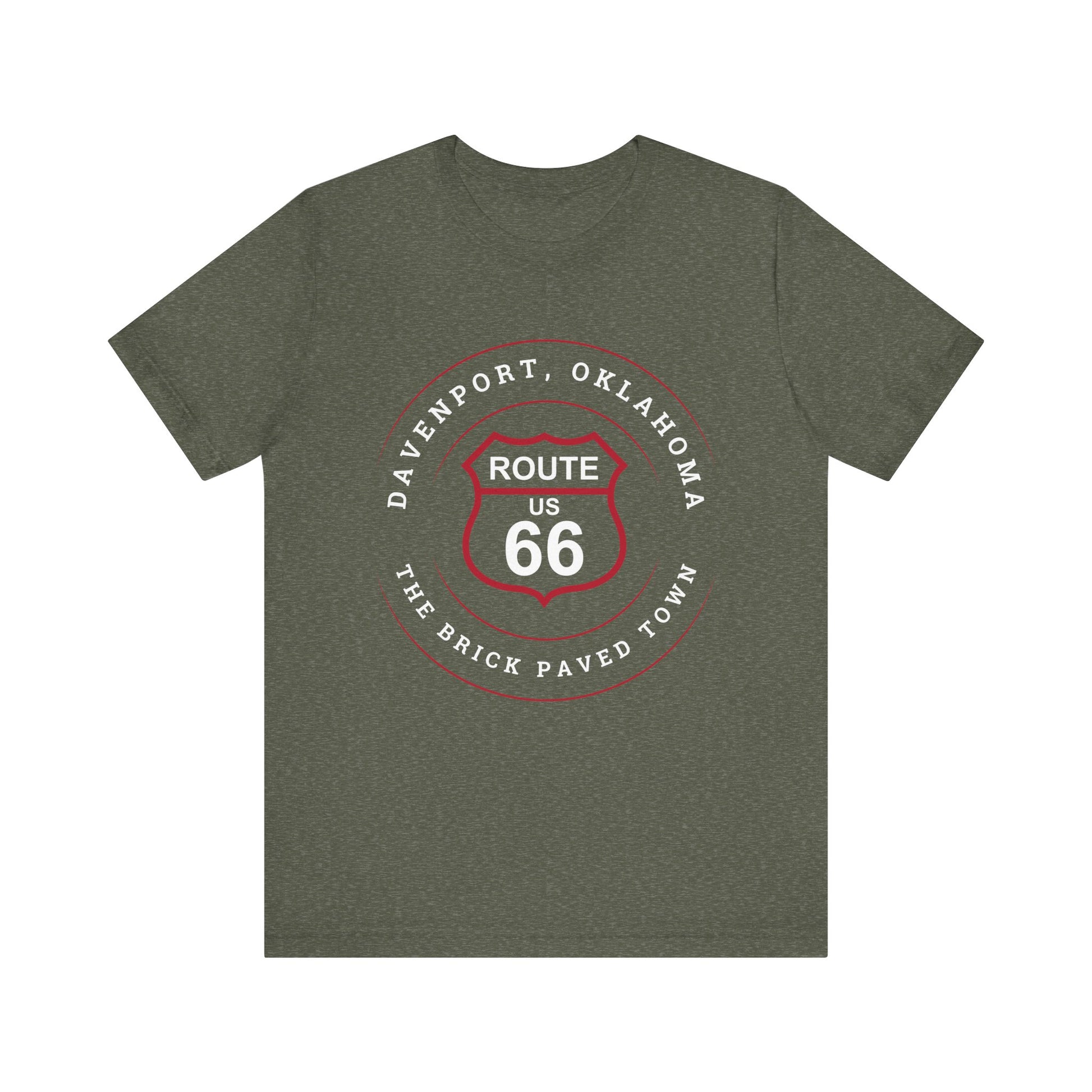 Heather military green retro Route 66 unisex jersey tee with Davenport, OK "The Brick-Paved Town" design