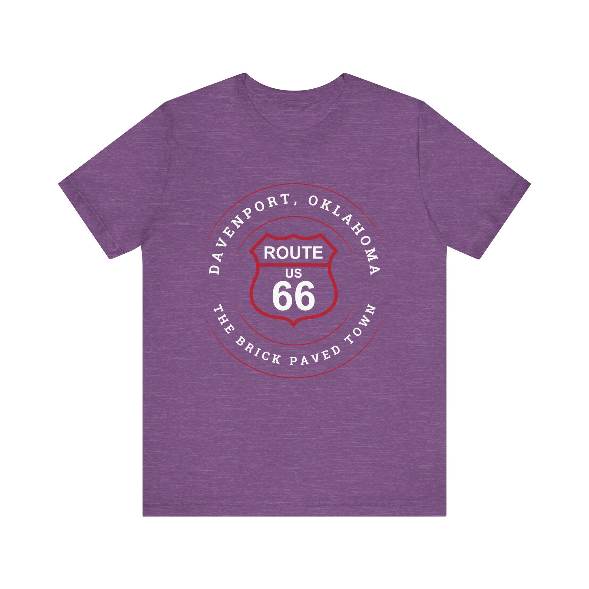 Heather team purple retro Route 66 unisex jersey tee with Davenport, OK "The Brick-Paved Town" design