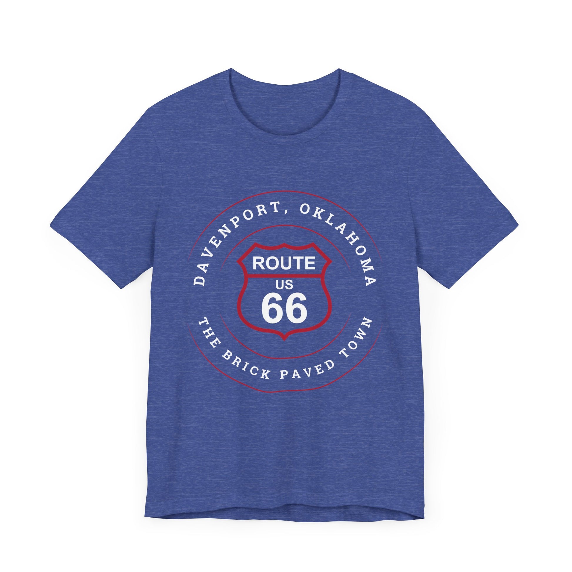 Heather true royal retro Route 66 unisex jersey tee with Davenport, OK "The Brick-Paved Town" design