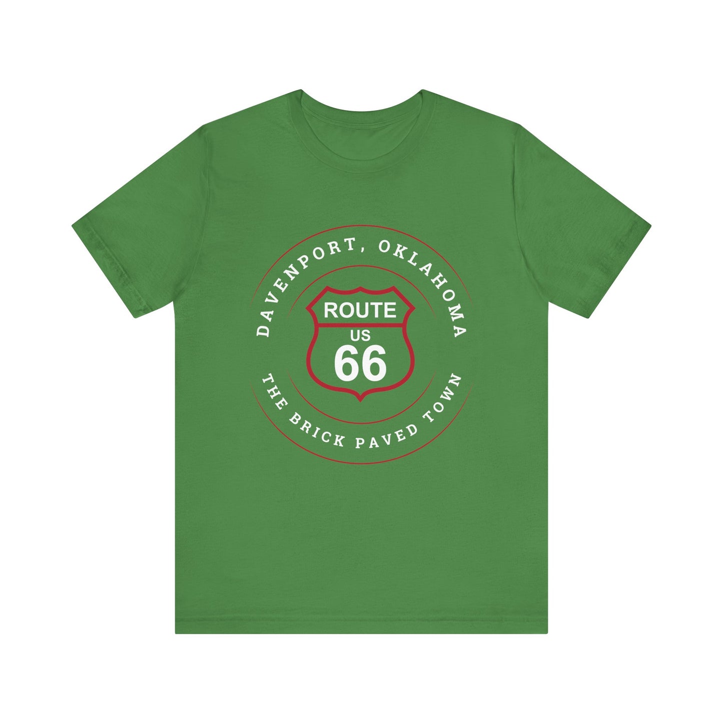 Leaf retro Route 66 unisex jersey tee with Davenport, OK "The Brick-Paved Town" design