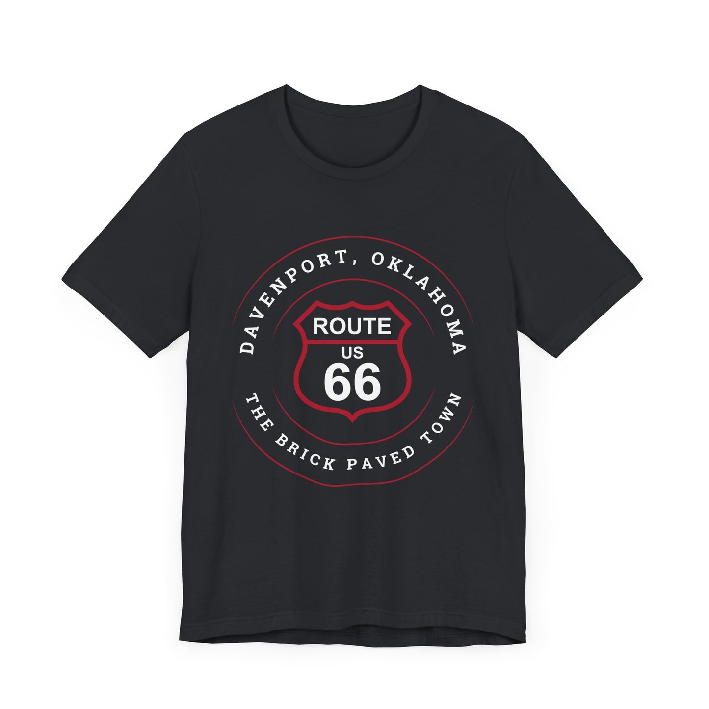 Vintage black retro Route 66 unisex jersey tee with Davenport, OK "The Brick-Paved Town" design