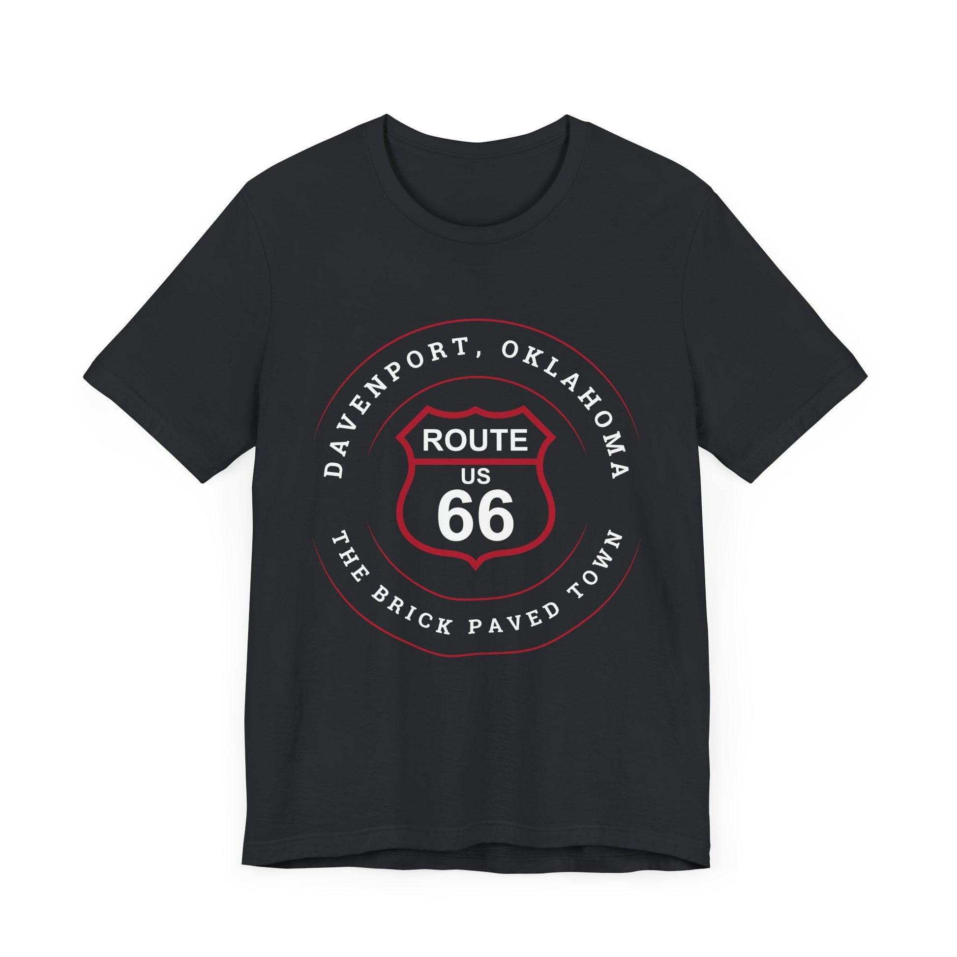 Vintage black retro Route 66 unisex jersey tee with Davenport, OK "The Brick-Paved Town" design
