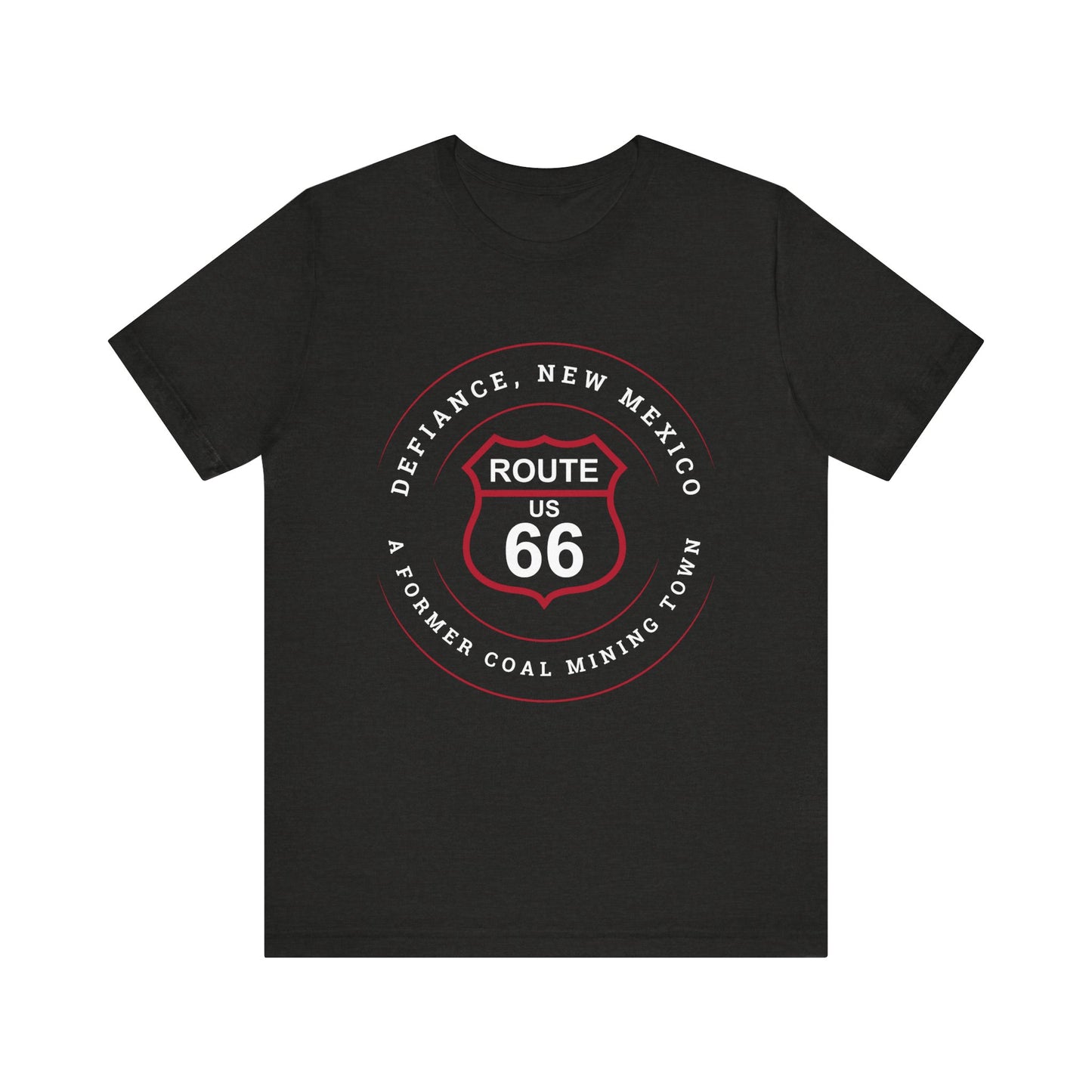 Black heather retro Route 66 unisex jersey tee with Defiance, NM: A Former Coal Mining Town graphic