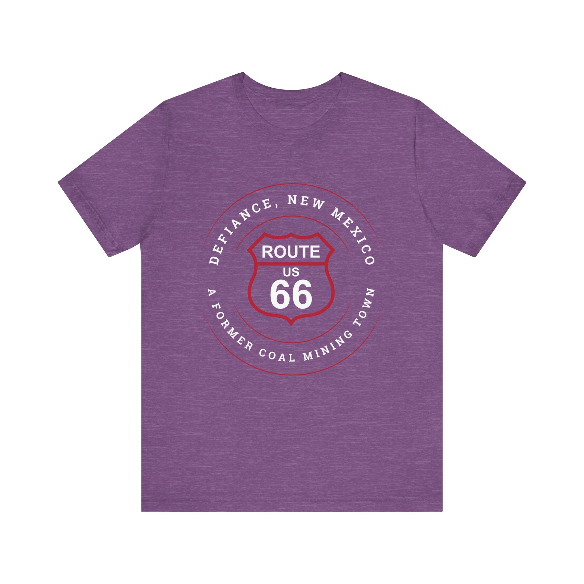 Heather team purple retro Route 66 unisex jersey tee with Defiance, NM: A Former Coal Mining Town graphic