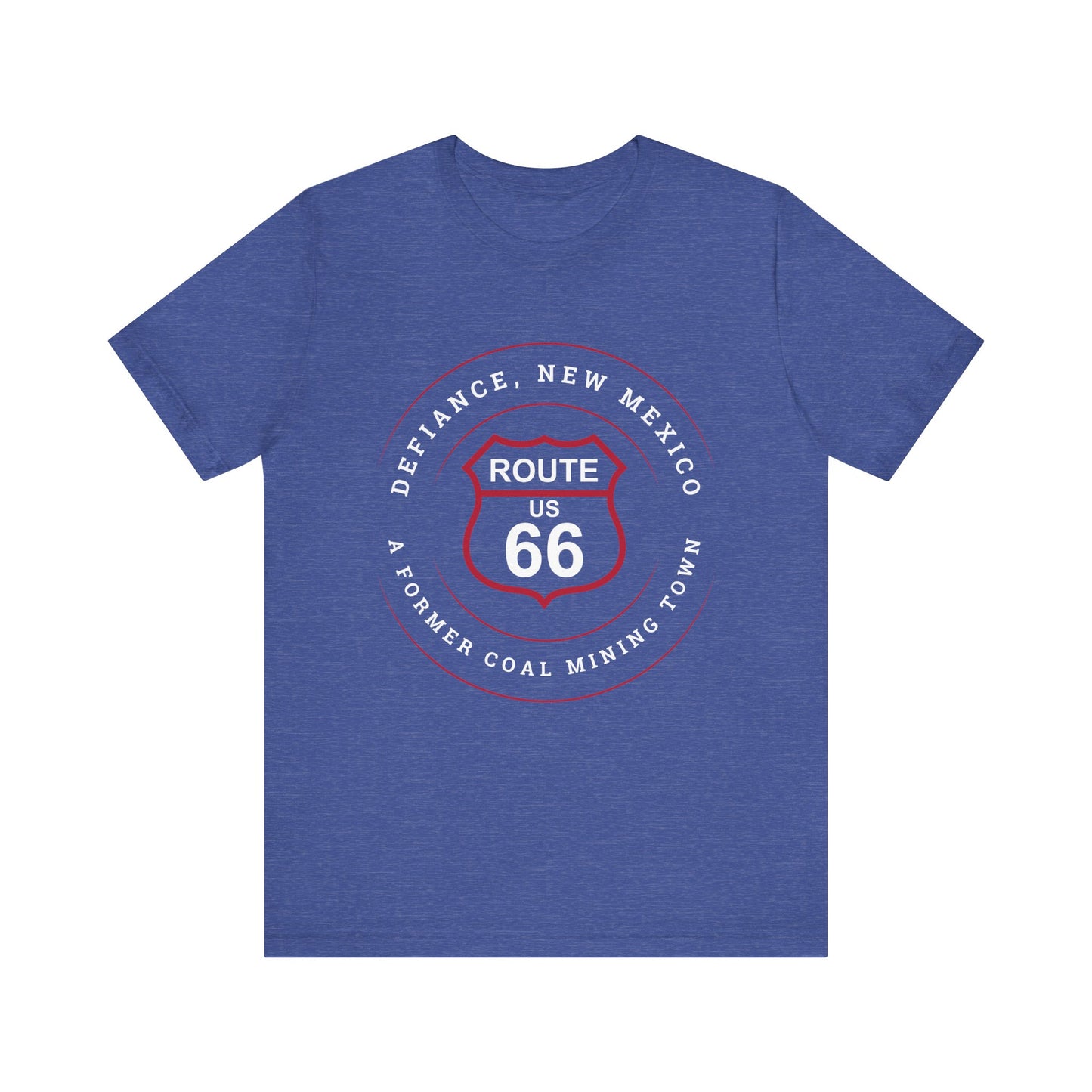 Heather true royal retro Route 66 unisex jersey tee with Defiance, NM: A Former Coal Mining Town graphic