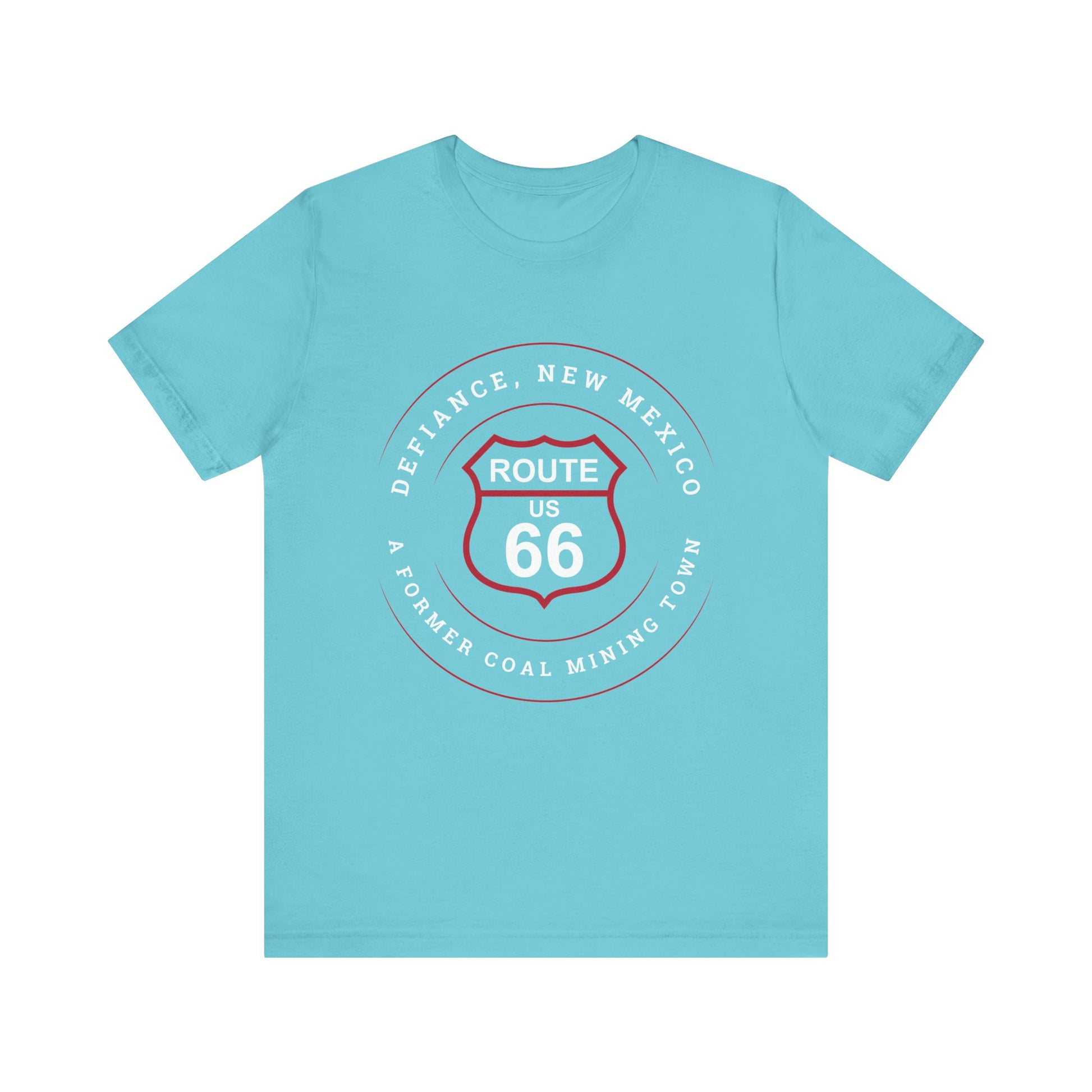 Turquoise retro Route 66 unisex jersey tee with Defiance, NM: A Former Coal Mining Town graphic
