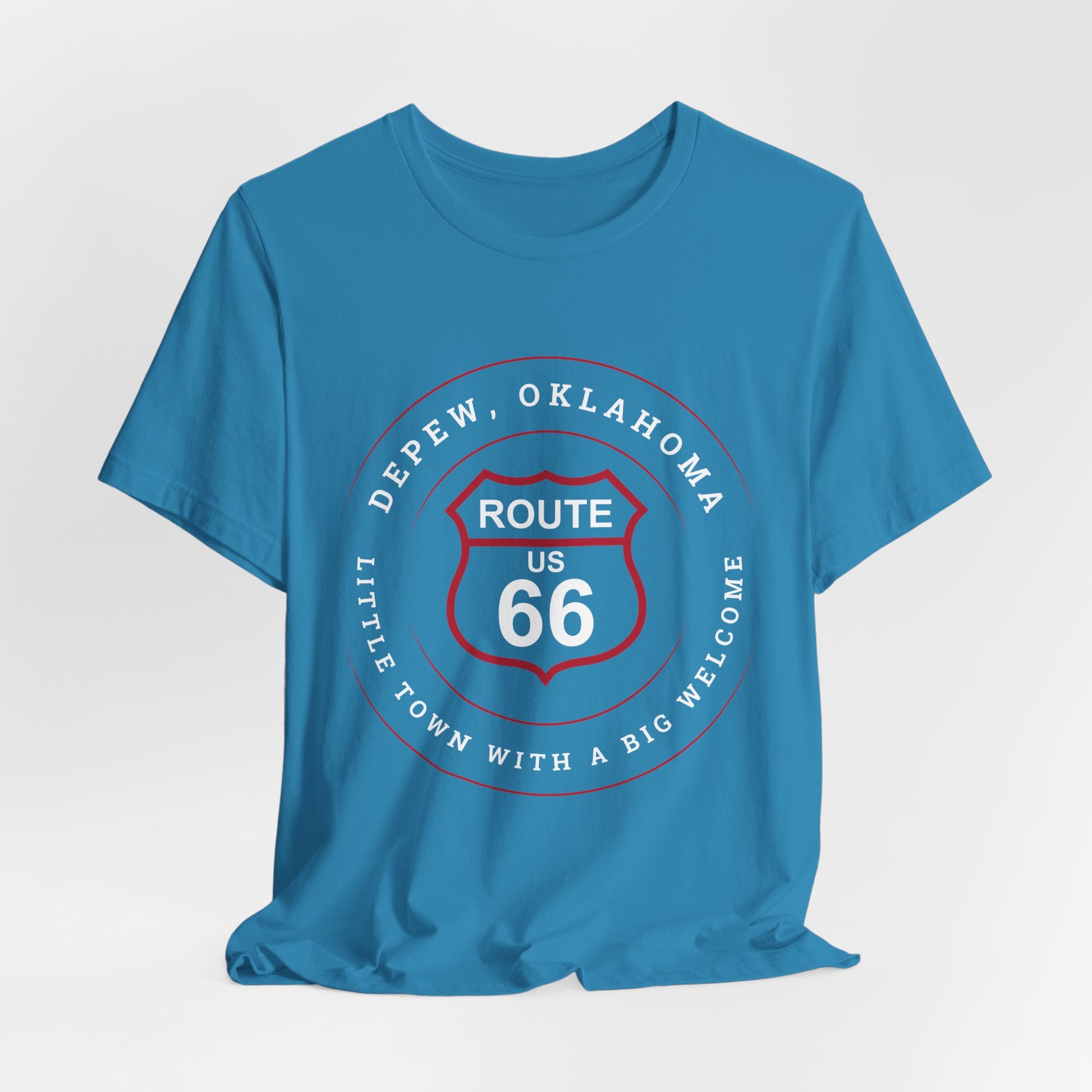 Aqua retro Route 66 unisex jersey tee with Depew, OK "Little Town with a Big Welcome" design