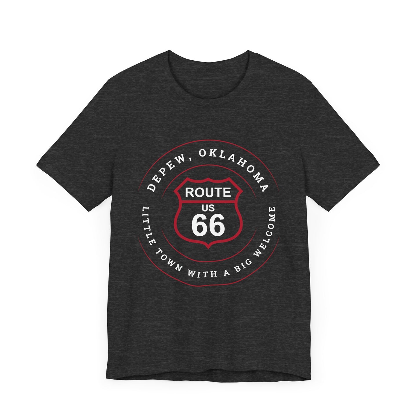 Dark grey heather retro Route 66 unisex jersey tee with Depew, OK "Little Town with a Big Welcome" design