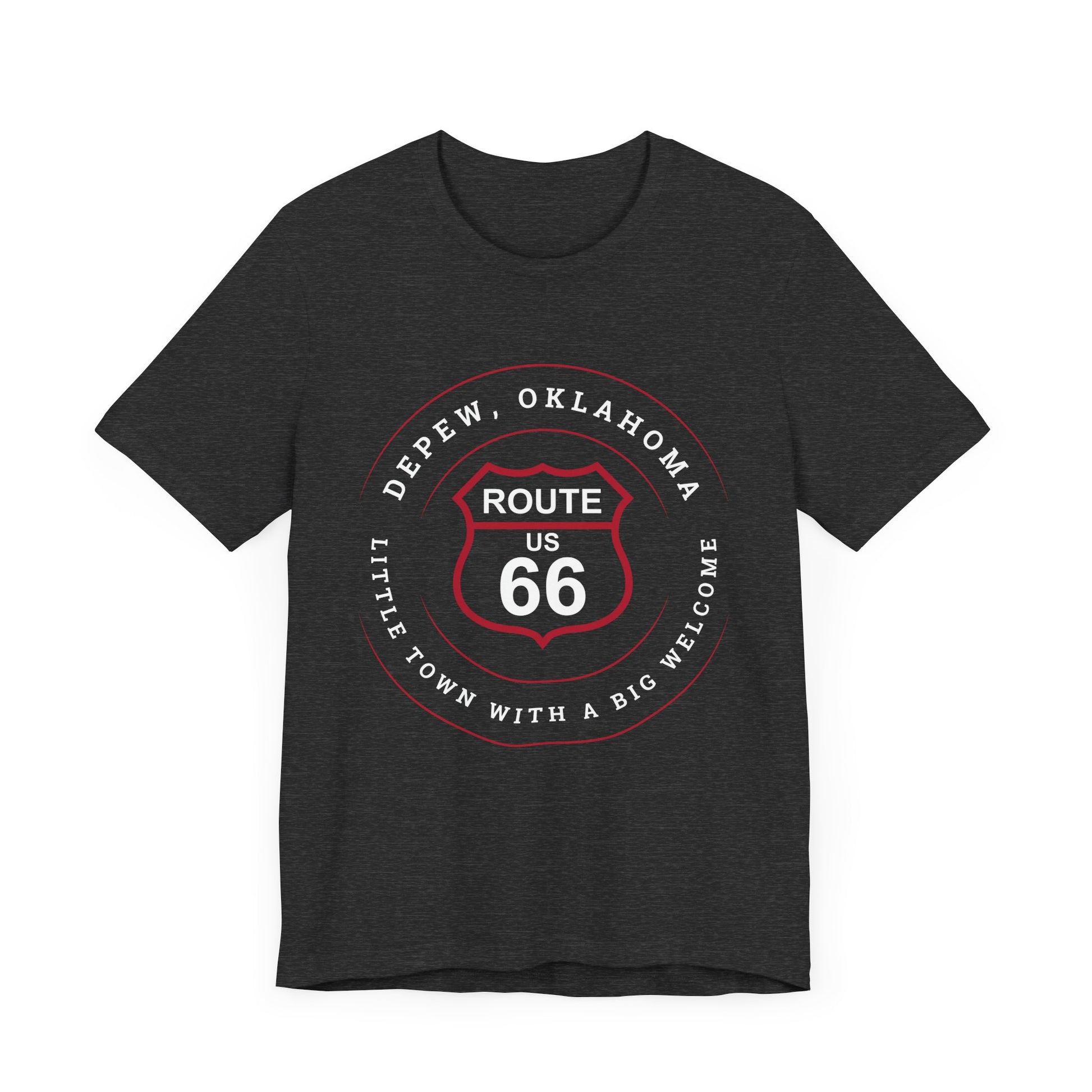 Dark grey heather retro Route 66 unisex jersey tee with Depew, OK "Little Town with a Big Welcome" design