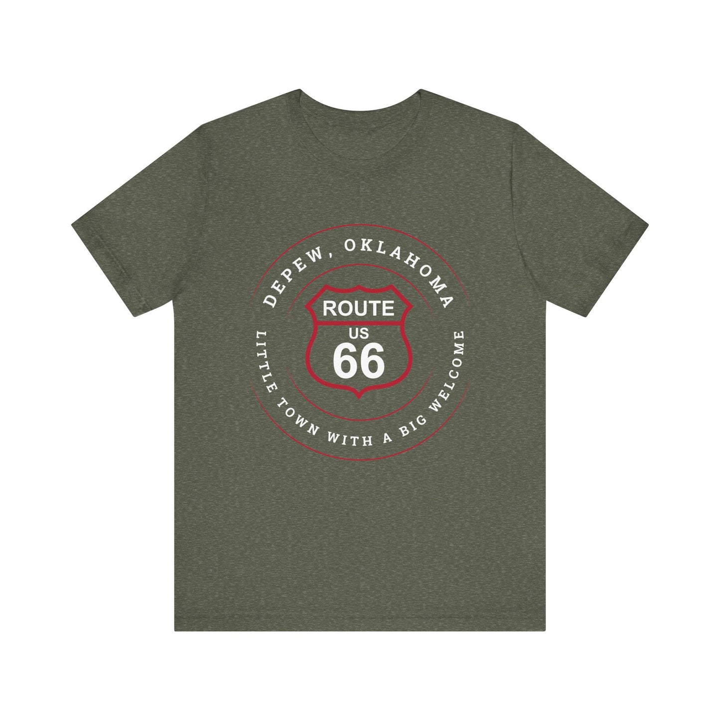 Heather military green retro Route 66 unisex jersey tee with Depew, OK "Little Town with a Big Welcome" design