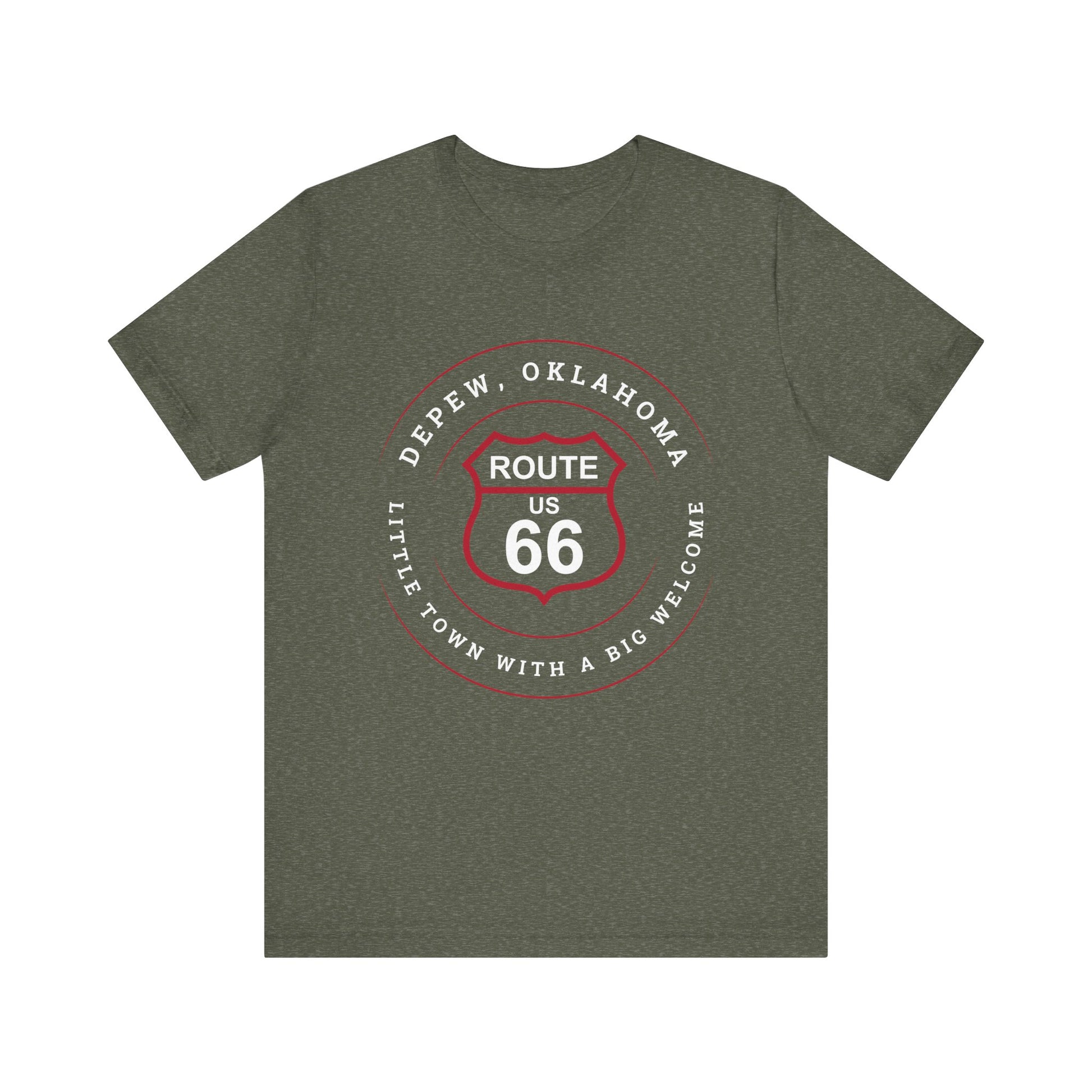 Heather military green retro Route 66 unisex jersey tee with Depew, OK "Little Town with a Big Welcome" design