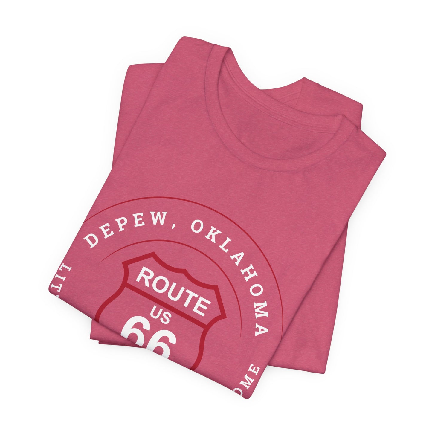 Heather raspberry retro Route 66 unisex jersey tee with Depew, OK "Little Town with a Big Welcome" design
