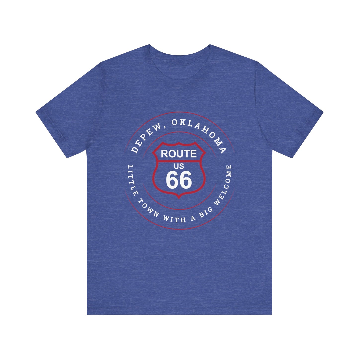 Heather true royal retro Route 66 unisex jersey tee with Depew, OK "Little Town with a Big Welcome" design
