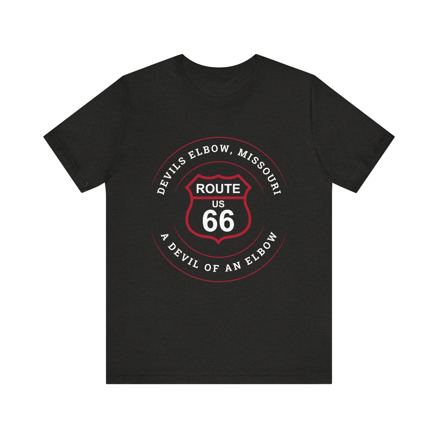 Black heather retro Route 66 unisex jersey tee with Devils Elbow, MO: "A Devil of an Elbow" design