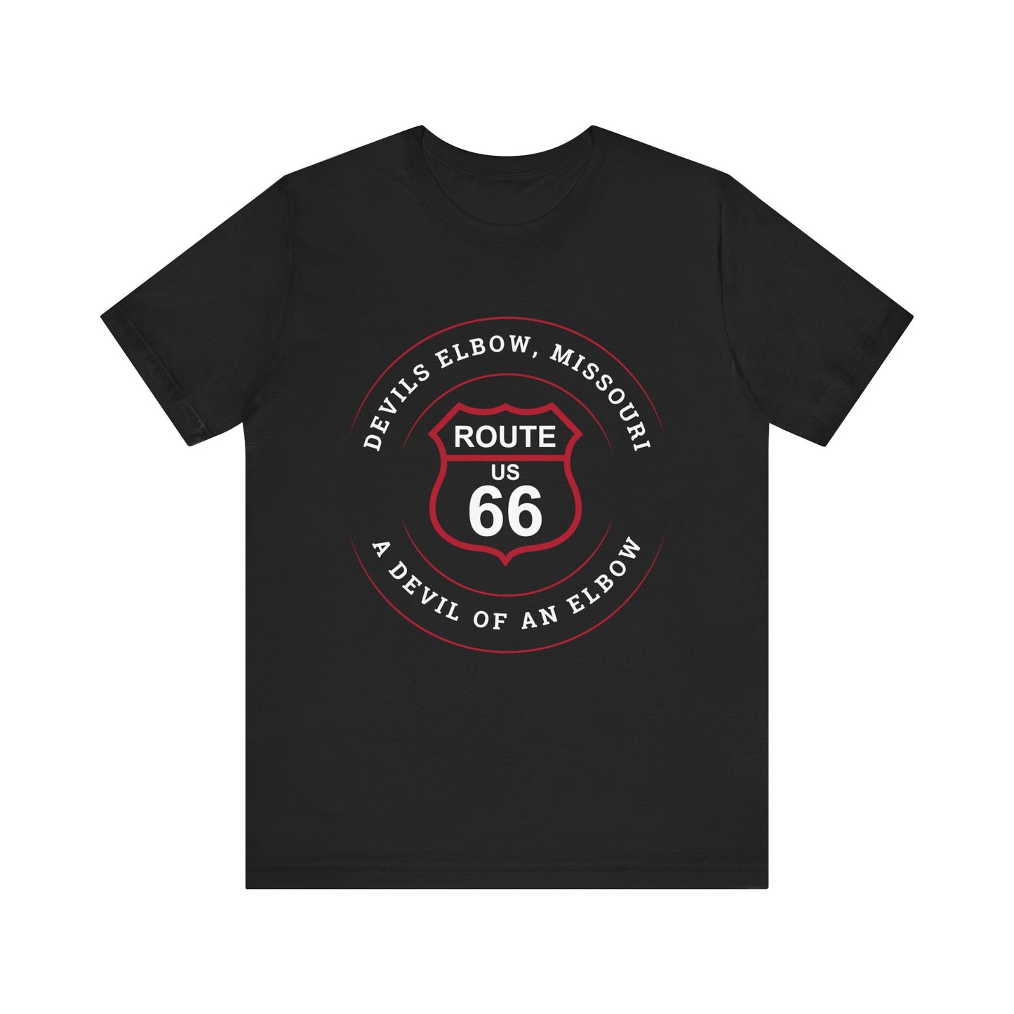 Black retro Route 66 unisex jersey tee with Devils Elbow, MO: "A Devil of an Elbow" design
