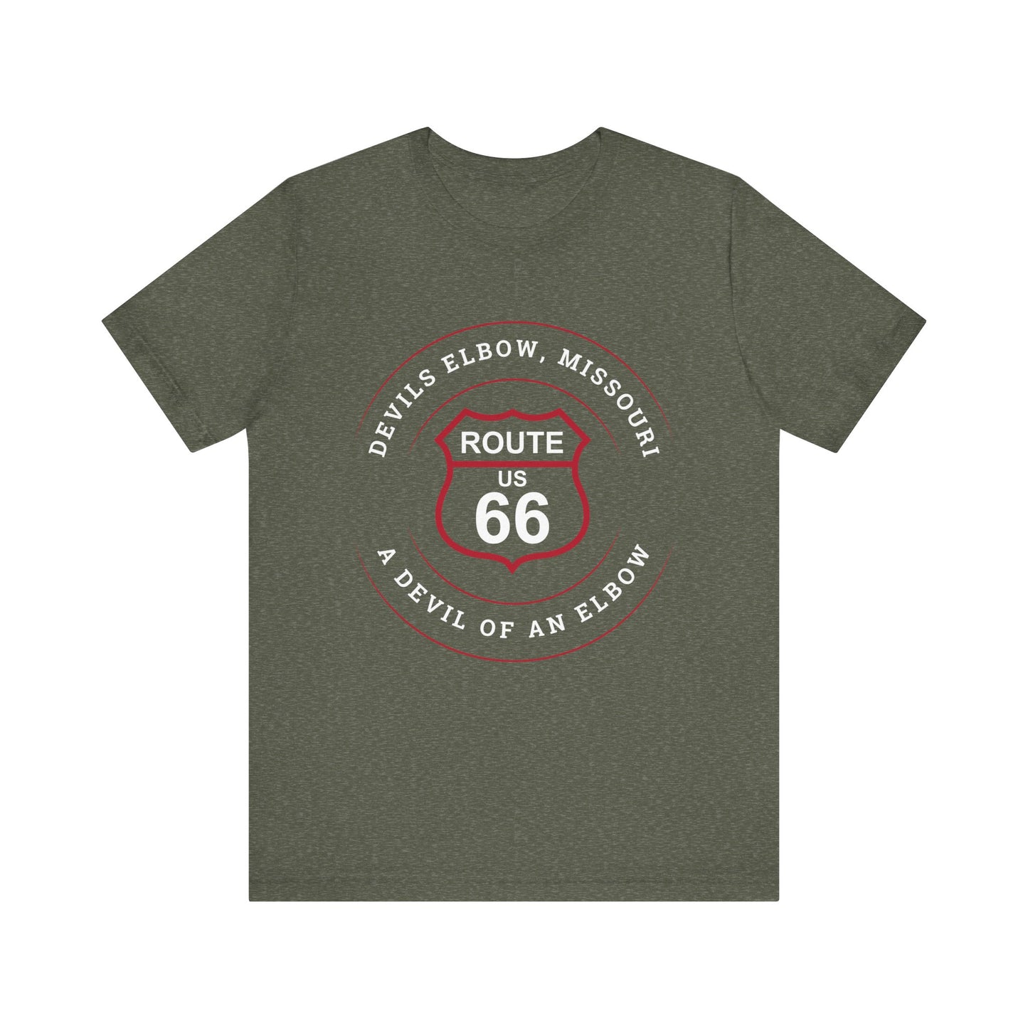 Heather military green retro Route 66 unisex jersey tee with Devils Elbow, MO: "A Devil of an Elbow" design