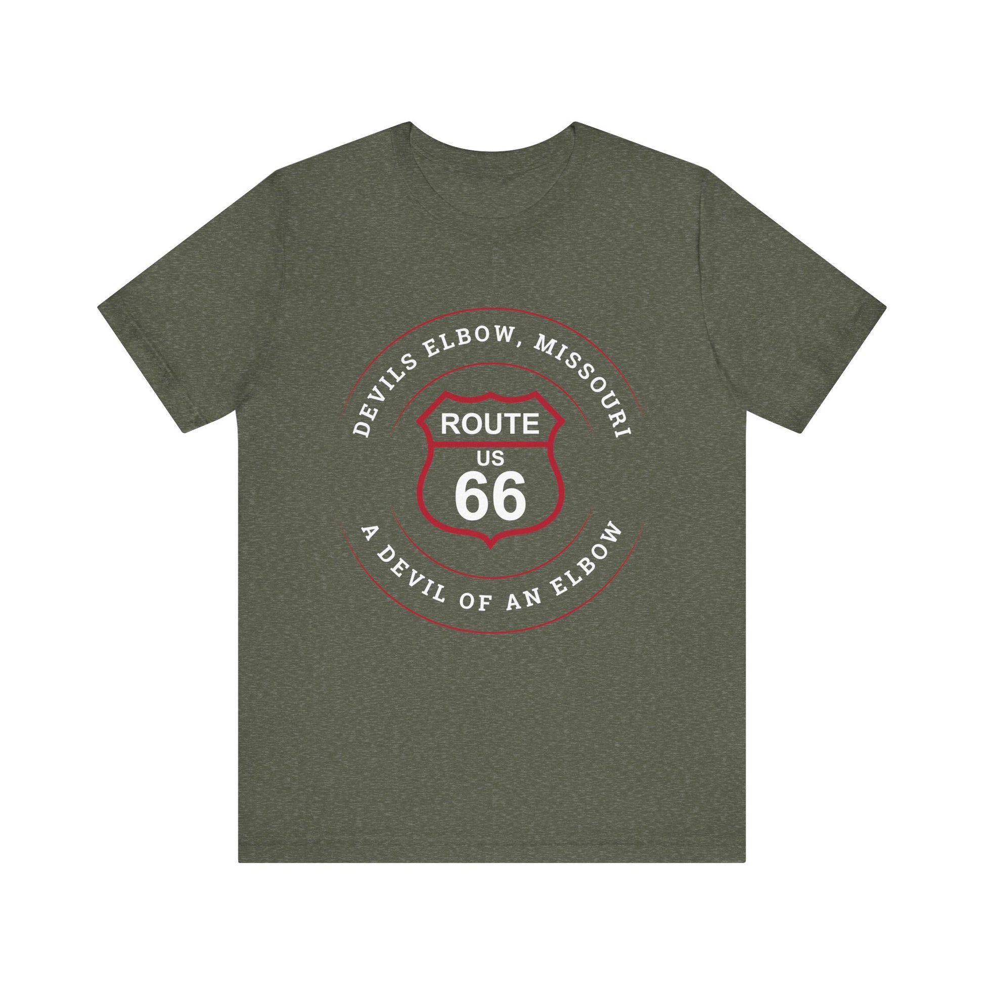 Heather military green retro Route 66 unisex jersey tee with Devils Elbow, MO: "A Devil of an Elbow" design