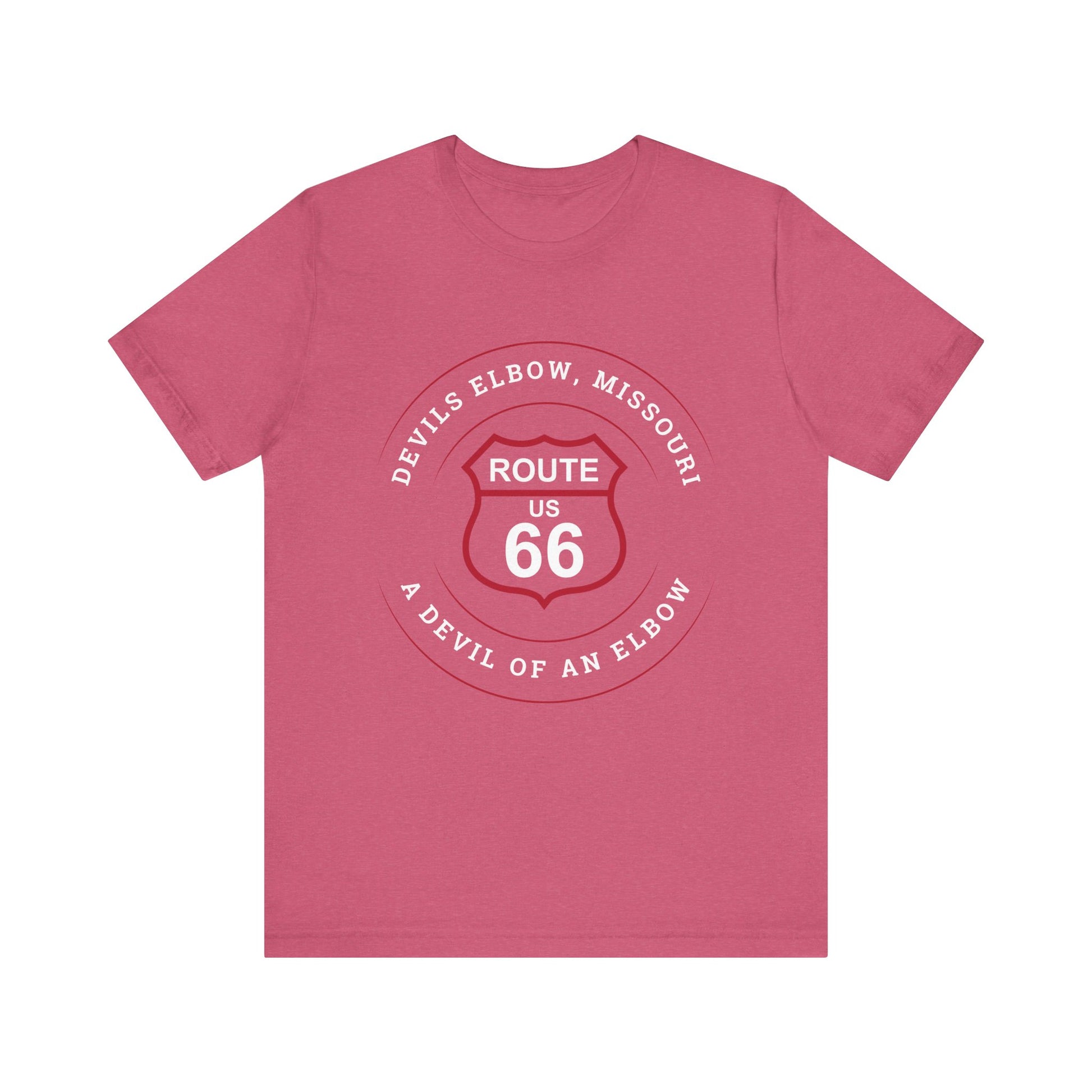 Heather raspberry retro Route 66 unisex jersey tee with Devils Elbow, MO: "A Devil of an Elbow" design