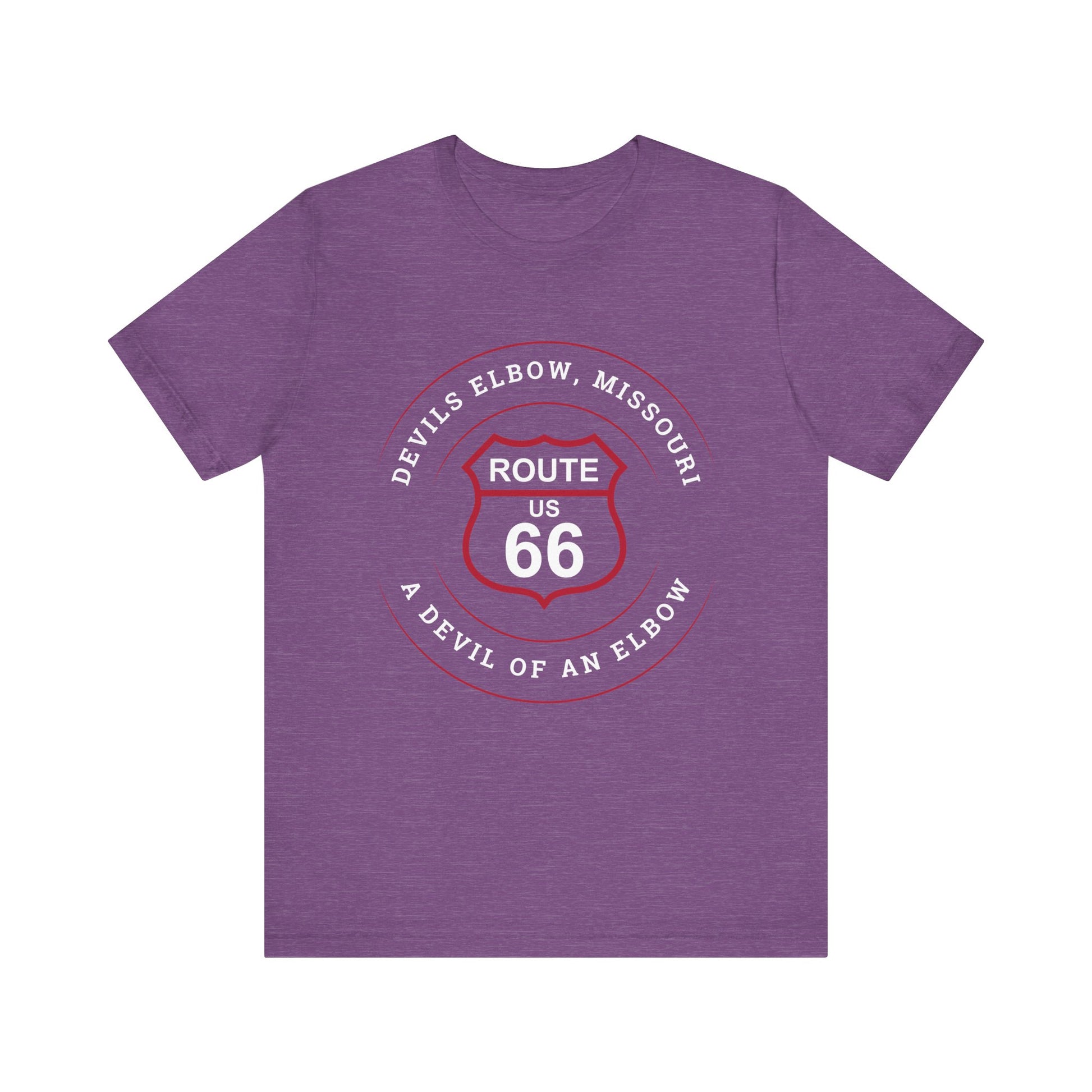 Heather team purple retro Route 66 unisex jersey tee with Devils Elbow, MO: "A Devil of an Elbow" design