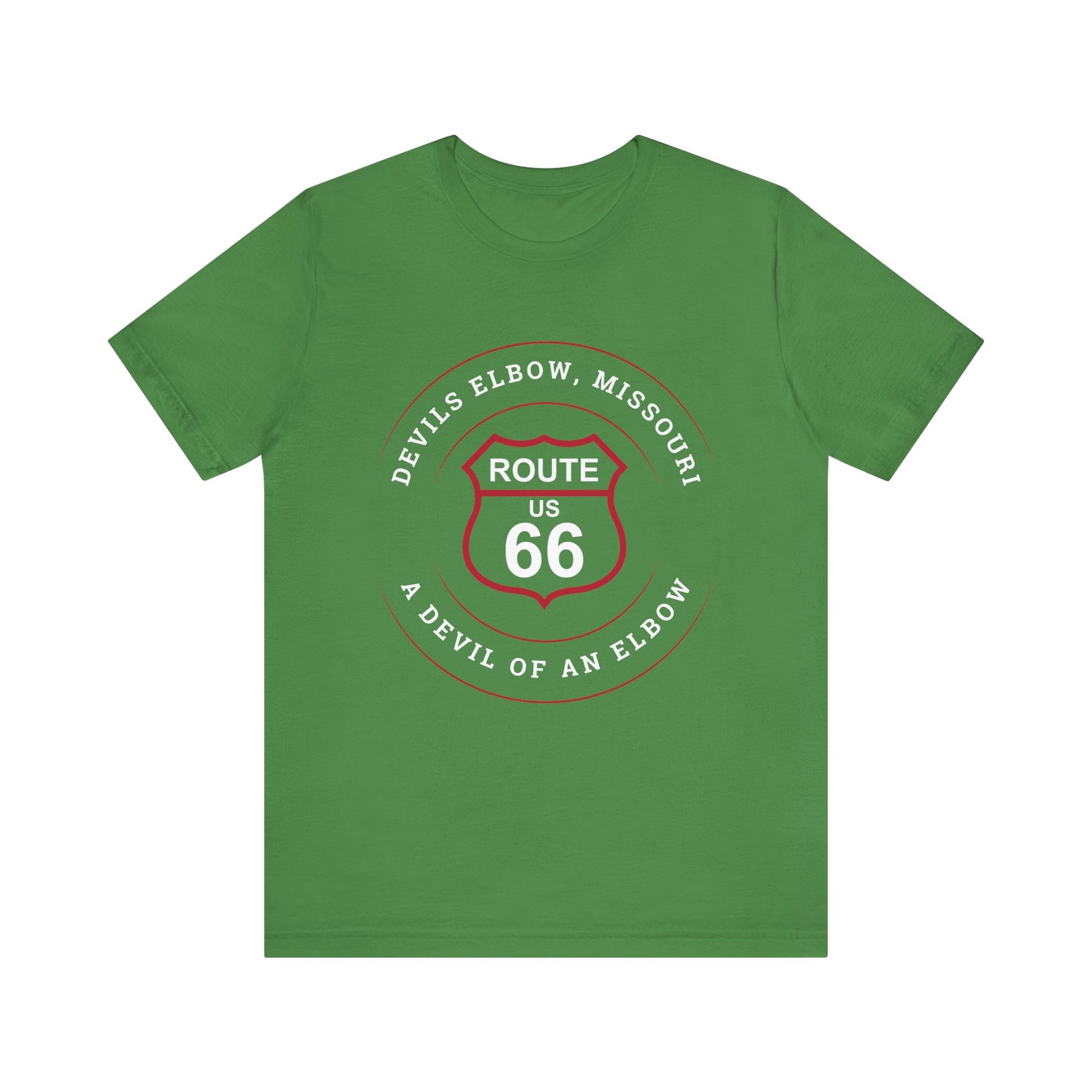 Leaf retro Route 66 unisex jersey tee with Devils Elbow, MO: "A Devil of an Elbow" design