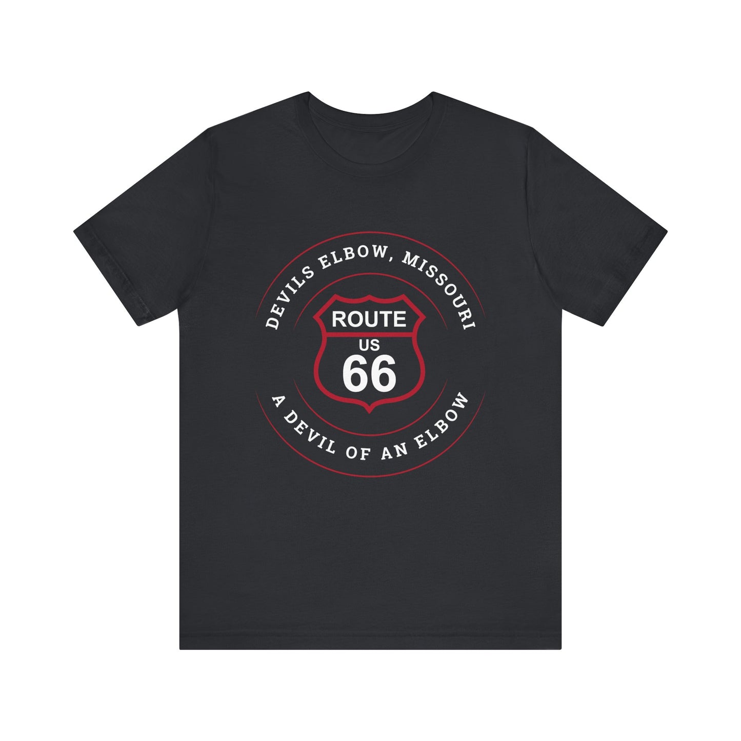 Vintage black retro Route 66 unisex jersey tee with Devils Elbow, MO: "A Devil of an Elbow" design