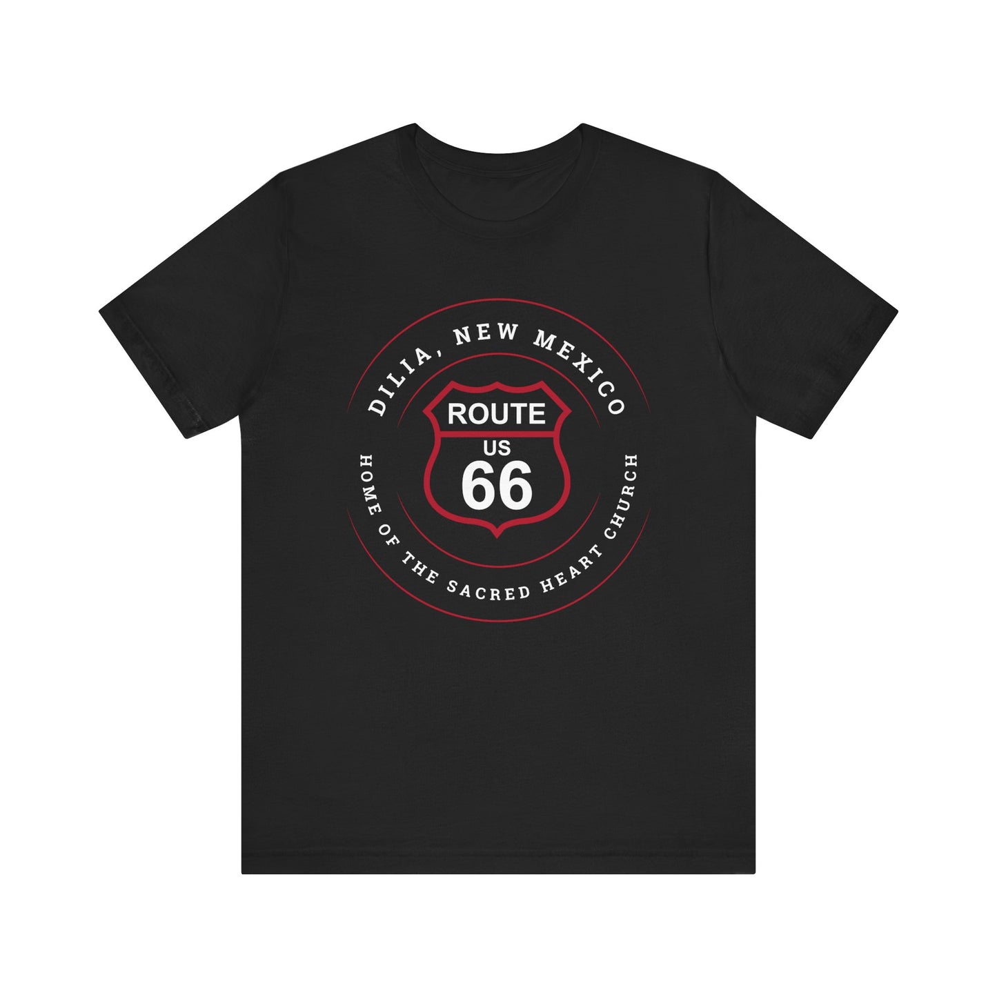 Black retro Route 66 unisex jersey tee with Dilia, NM: A Home of the Sacred Heart Church graphic